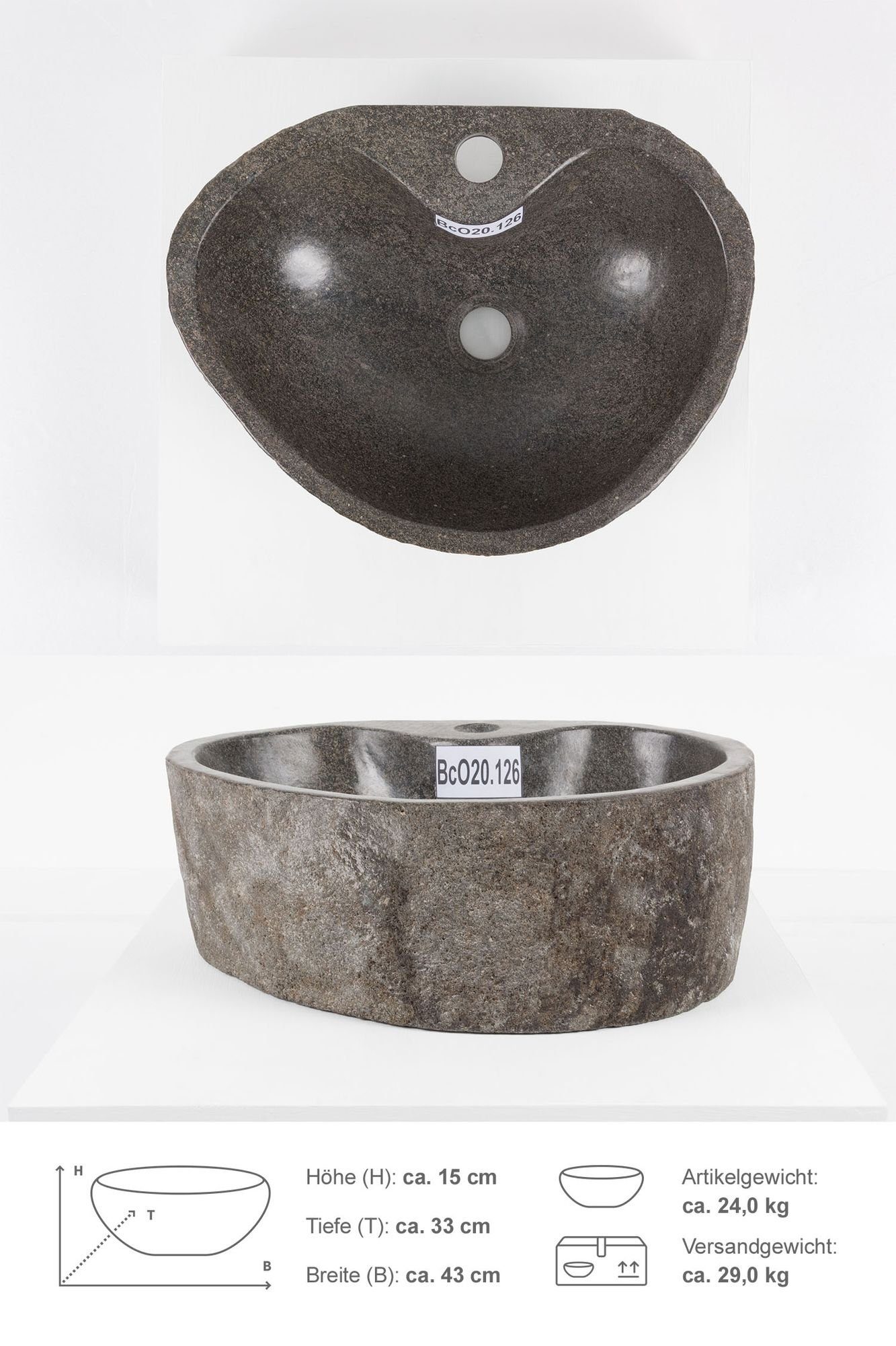 wohnfreuden Aufsatzwaschbecken Naturstein Waschbecken 40 cm oval mit Hahnloch (Kein Set), 101840_BcO20.126