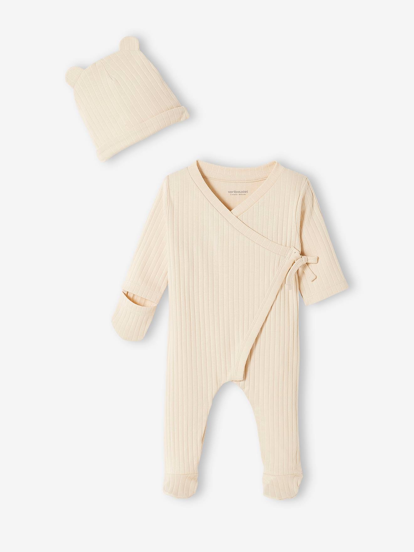 Vertbaudet Baby-Set: Overall & Mütze, Rippenjersey - sand