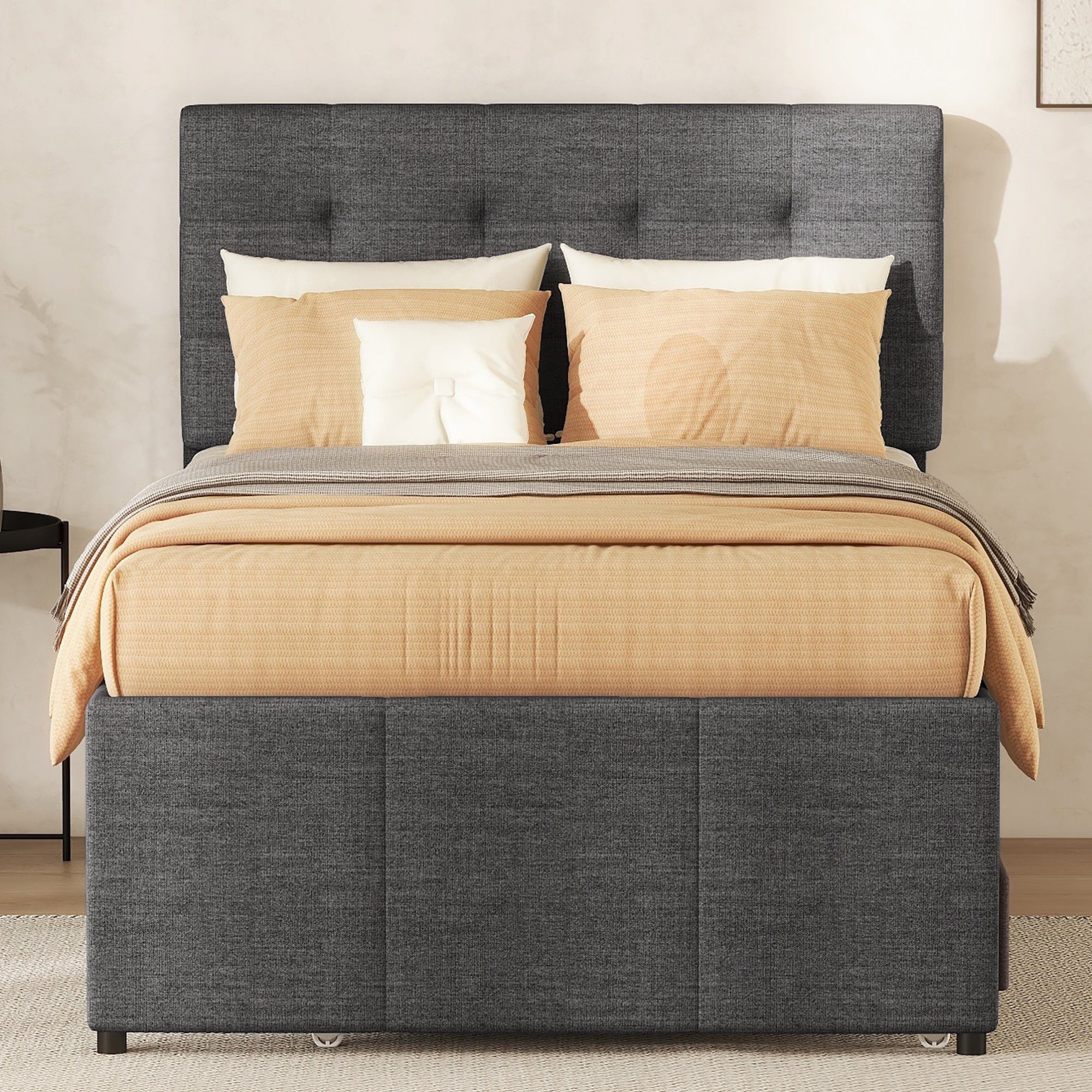 Ulife Polsterbett Doppelbett ausziehbares Bett Familienbett, Verstellbares Kopfteil, mit drei Schubladen, 90 x 200 cm