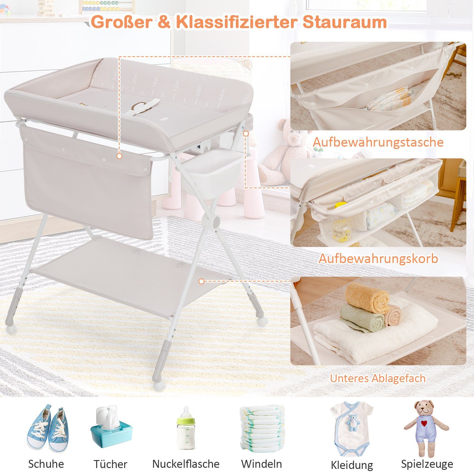 COSTWAY Wickeltisch Babybadewanne, höhenverstellbar & klappbar