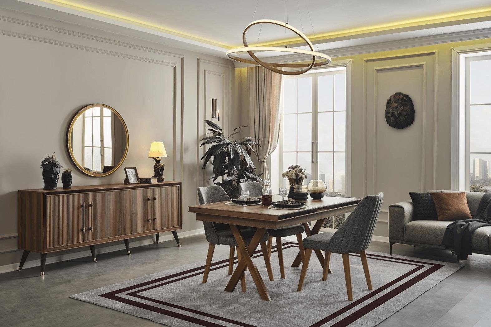 JVmoebel Esszimmer-Set Braunes Esszimmer Set Designer Esszimmergarnitur Esstisch Stühle, (9-St., Esstisch, 6x Stühle, Sideboard, Spiegel), Made in Europa