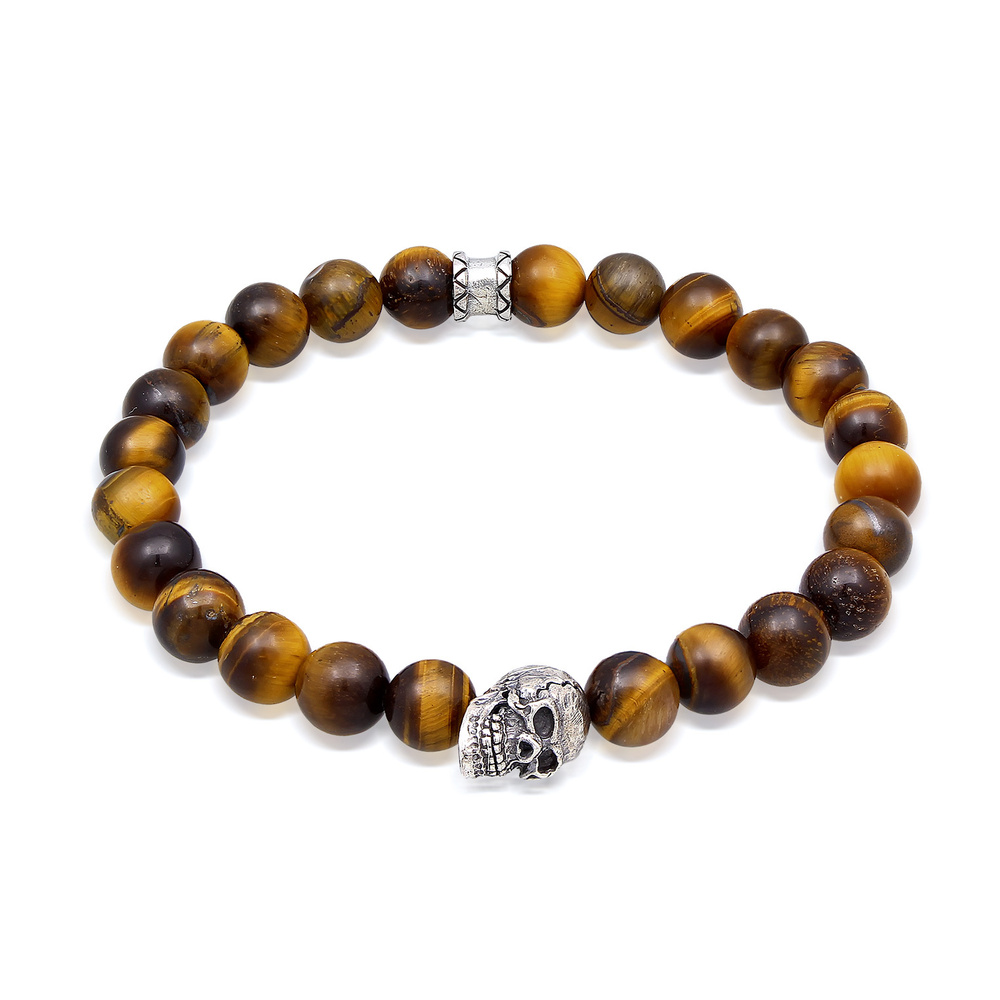 KUZZOI KUZZOI Bracelet Hommes symbole tête de mort avec perles d'oeil de tigre en argent Bracelet