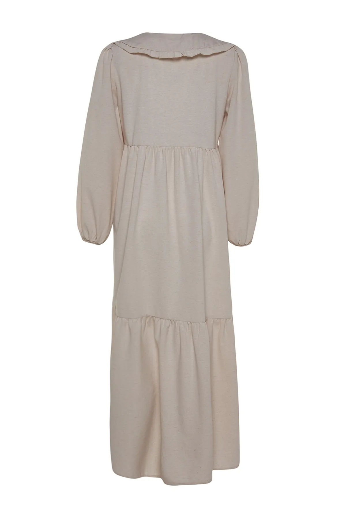 Trendyol Modest  Cremefarbenes, gewebtes Kleid mit halber Knopfleiste und besticktem Kragen in Leinenoptik TCTSS23EB00257