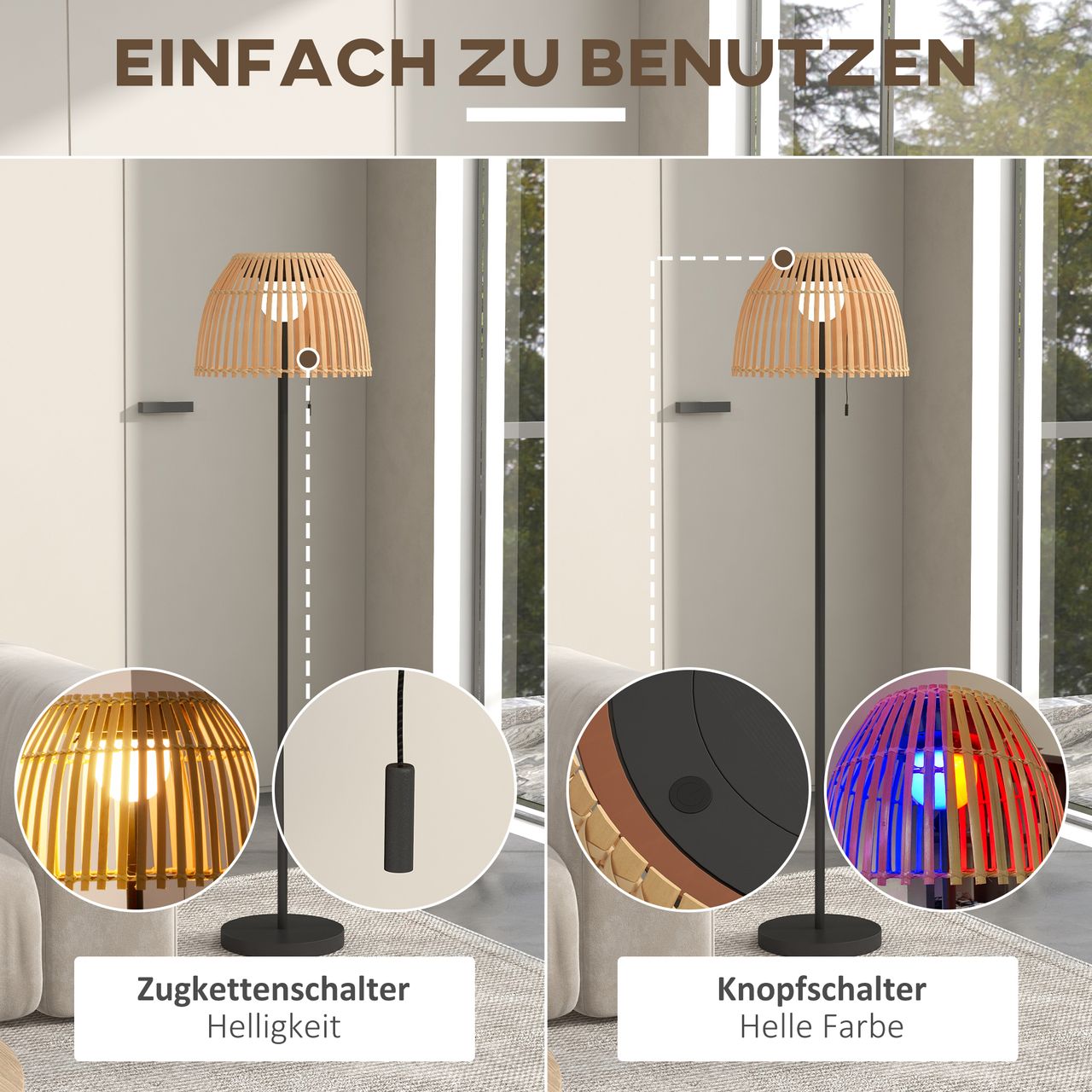 Outsunny Solar Stehlampe, Outdoor/Indoor, Bambusschirm, Alurahmen, Schwarz/Natur