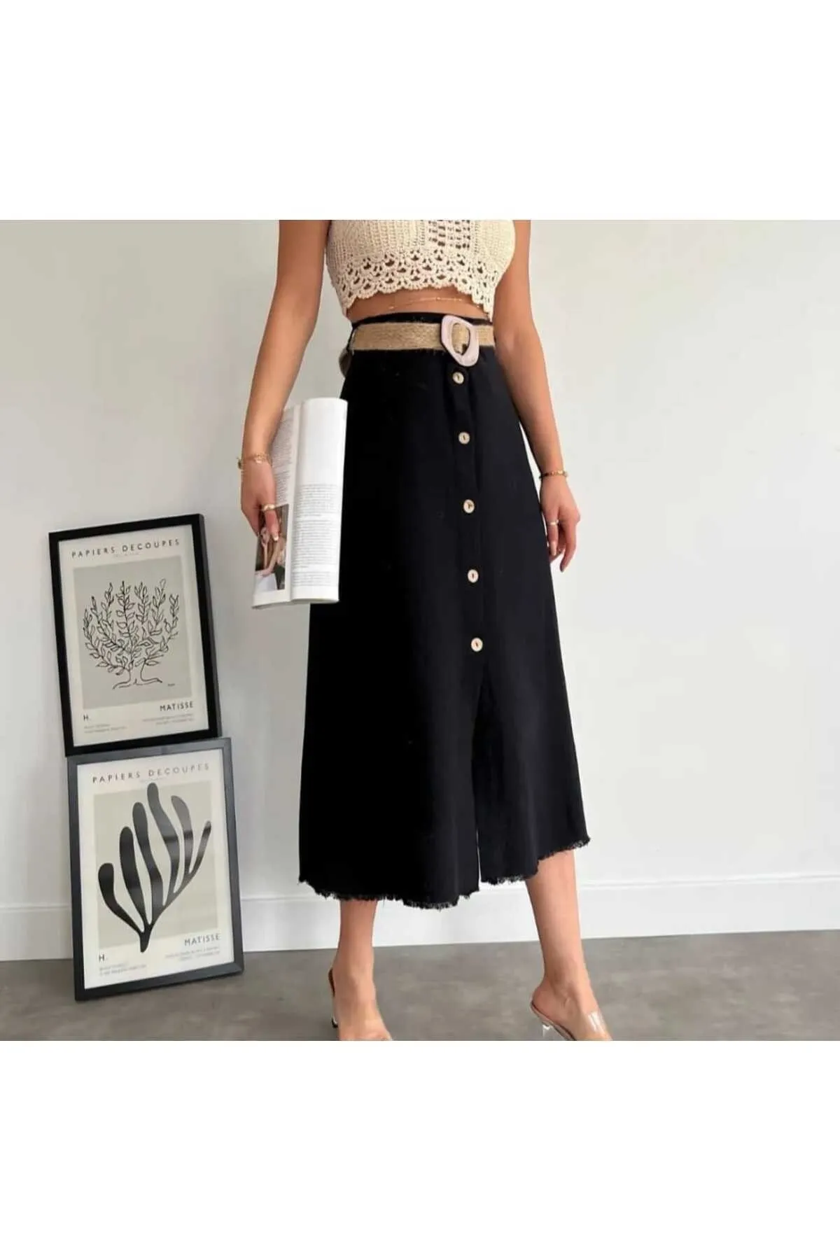 IŞILDA FASHION  DAMENKLEIDUNG ROCK AUS LEINEN MIT KNÖPFEN UND GÜRTELDETAIL