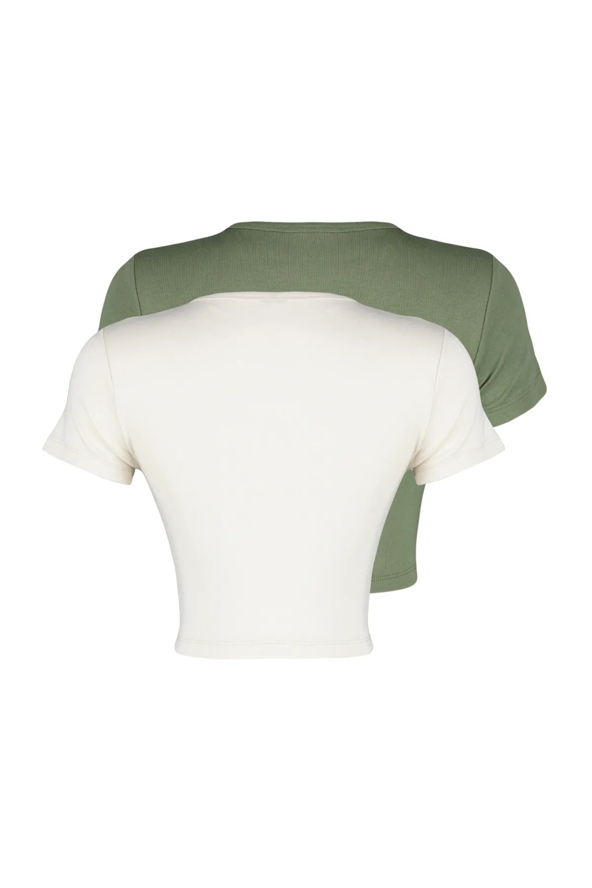 Trendyol Collection  Premium Khaki-Hellstein 2er-Pack kurze Viskose-/weiche Stretch-Strickblusen TWOSS23BZ00108