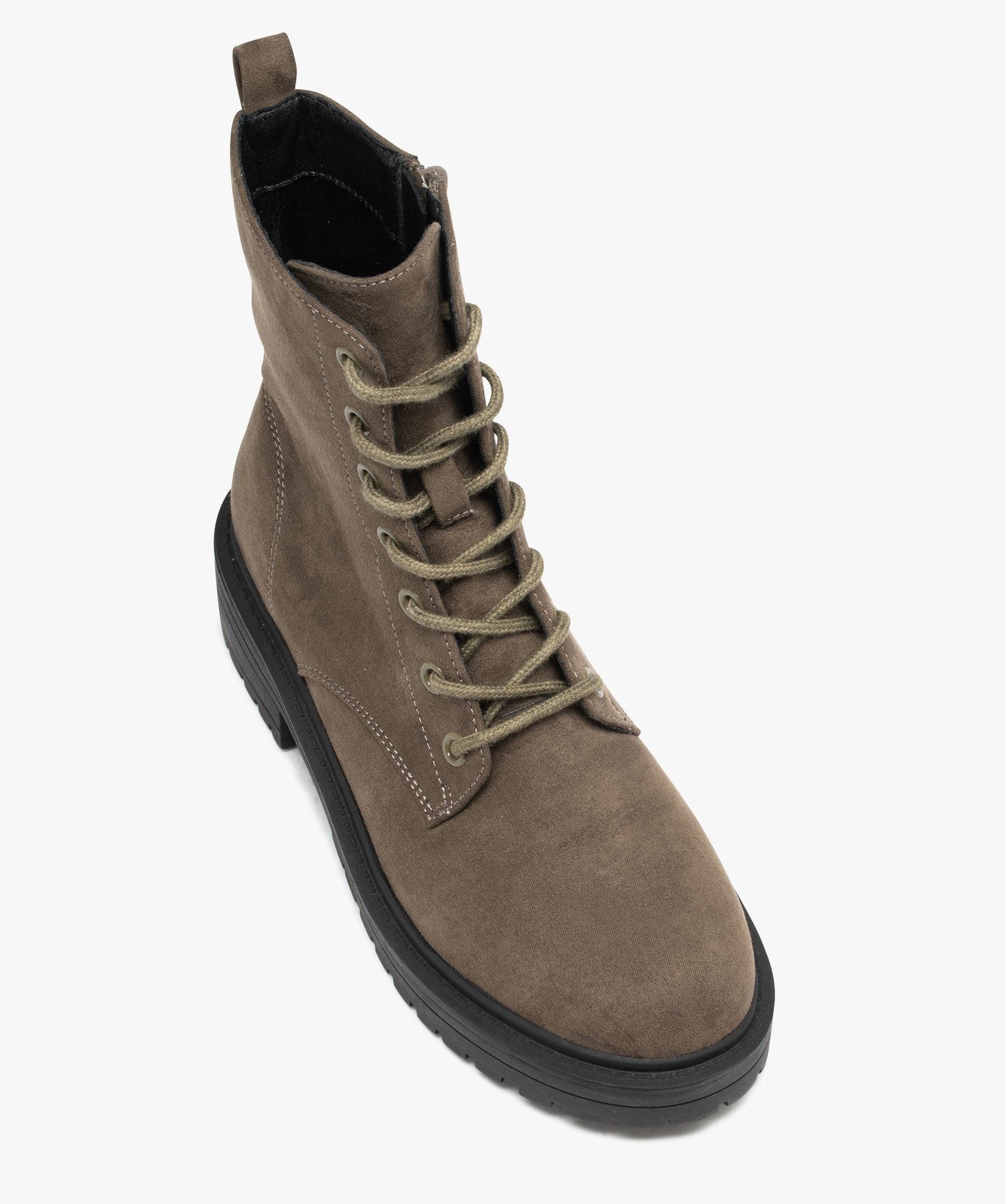 Boots femme dessus uni en suédine à zip et à lacets kaki | GEMO