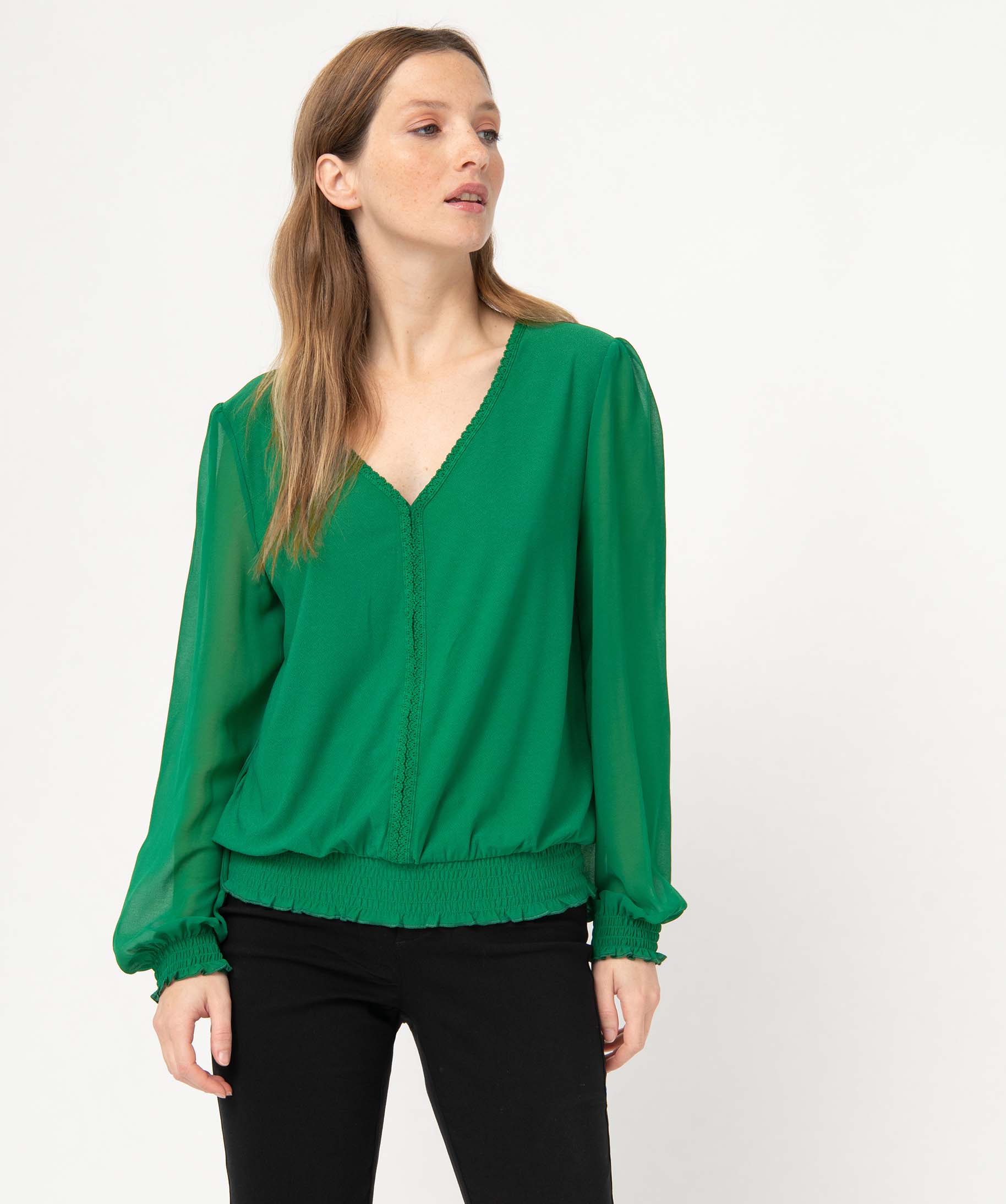 Tee-shirt femme à manches longues avec manches en voile vert | GEMO