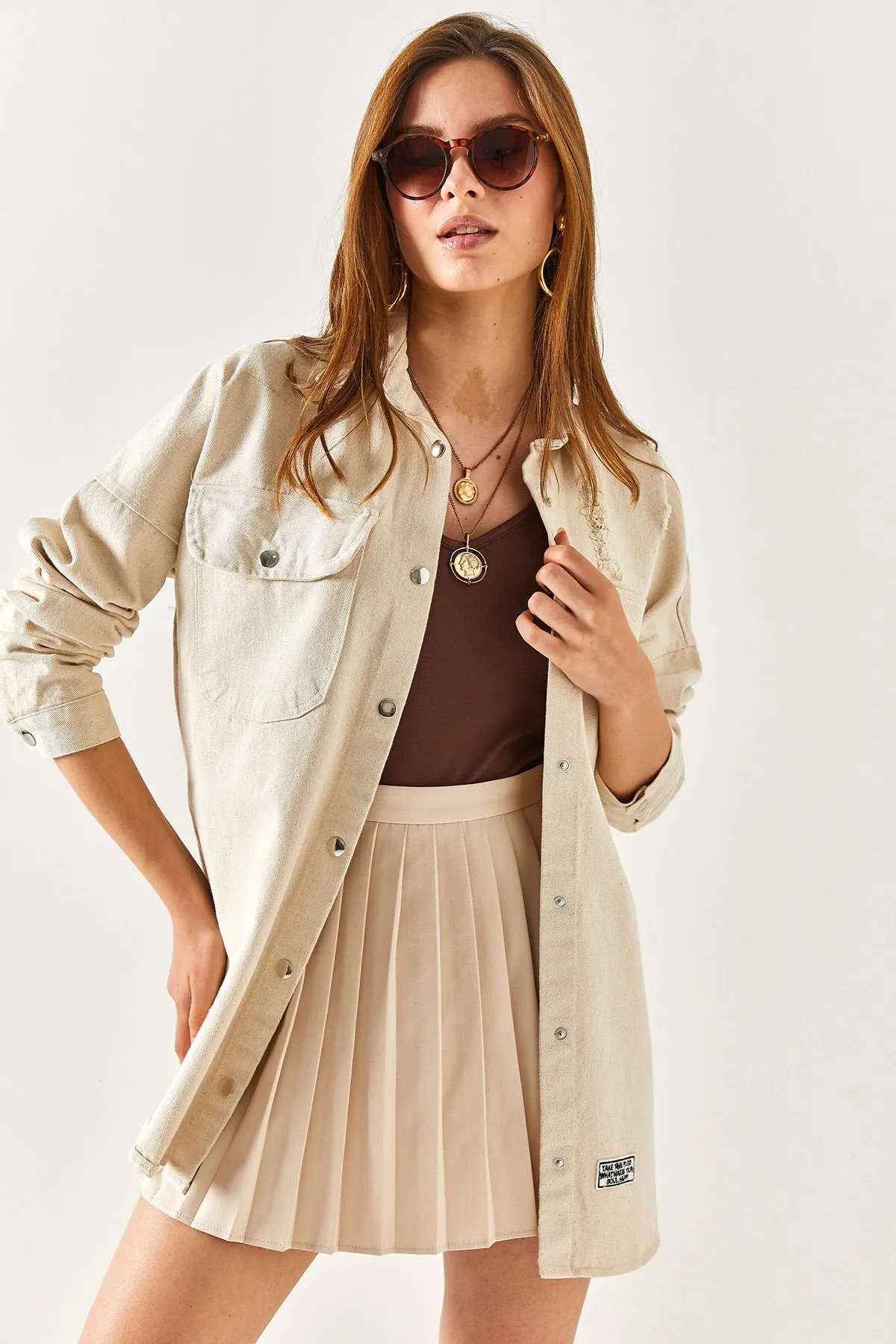 Olalook  Dickes Damenhemd mit abtrennbarem Stein und Patch-Detail CKT-19000169