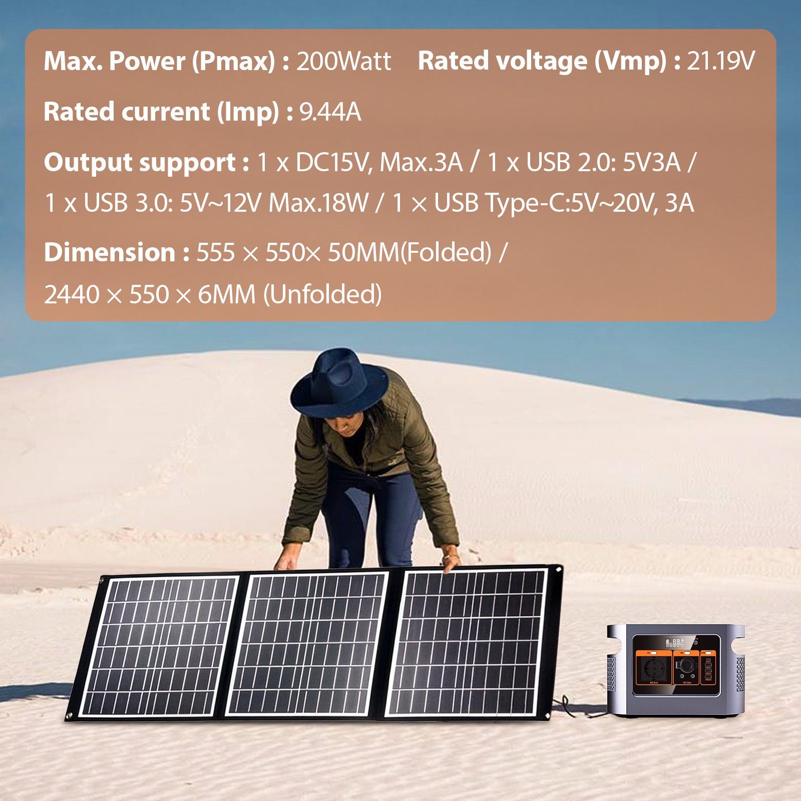 Fine Life Pro Stromerzeuger 200W faltbares Solarpanel mit 3 Anschlüssen - USB Typ C, 200,00 in kW, (2-tlg), USB 2.0, USB 3.0 - für Outdoor Camping und Wohnmobil