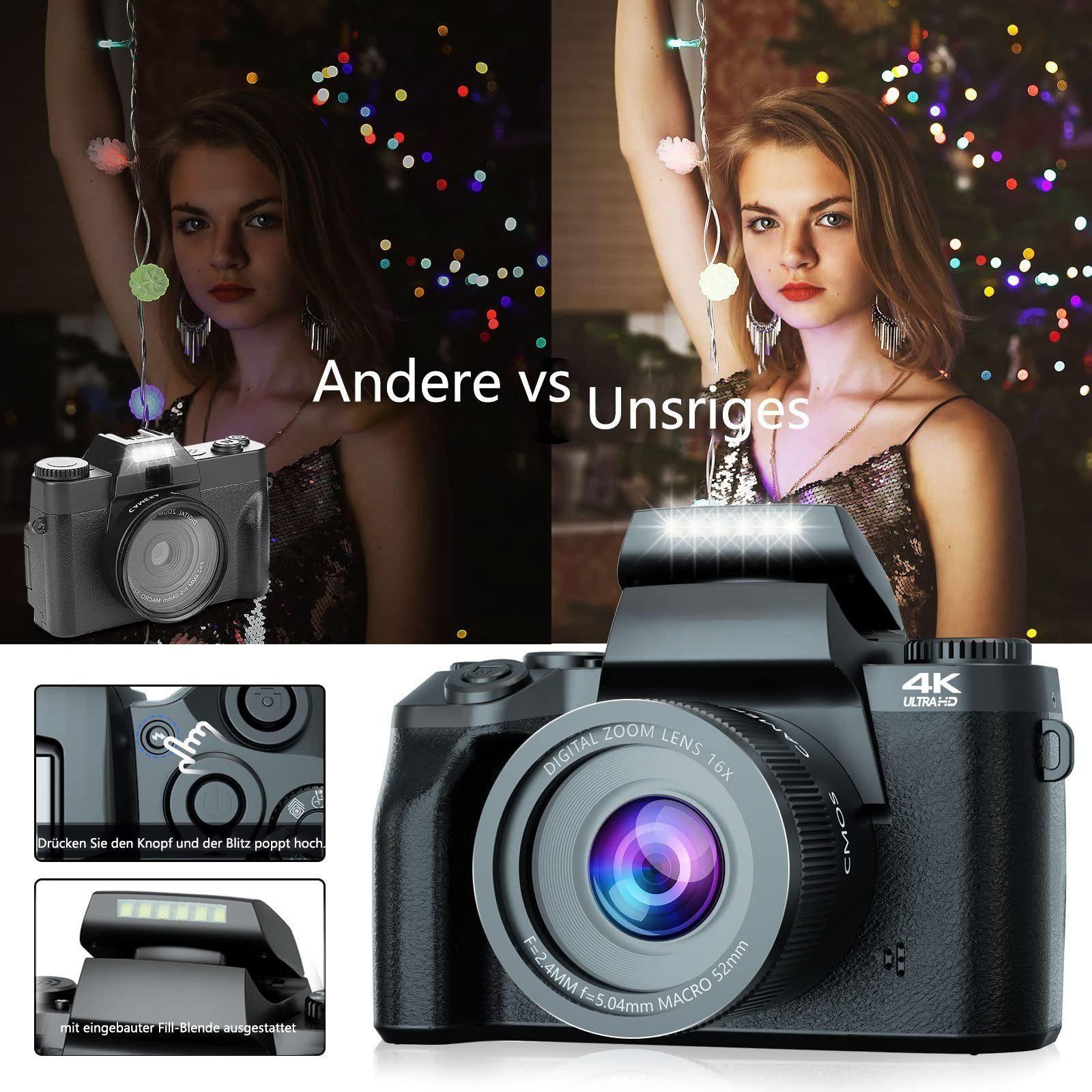 Fine Life Pro W5 Digitalkamera 64MP Kompaktkamera Superzoom-Kamera (64 MP, 16x opt. Zoom, WLAN (Wi-Fi), inkl. 4K 64MP Digitalkamera, Kostenlose 64GB Speicherkarte, Inklusive Handtasche)