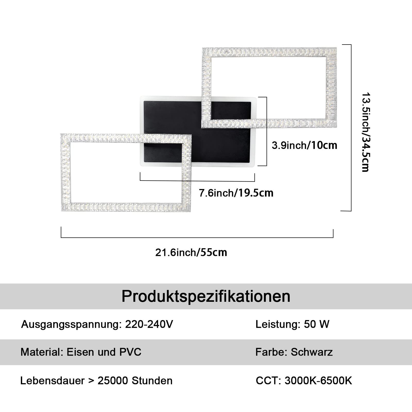 ZMH LED Deckenleuchte Drei Rechtecken Kristall Modern LEDs für Schlafzimmer 57*48cm, Dimmbar, LED fest integriert, warmweiß-kaltweiß, Schwarz