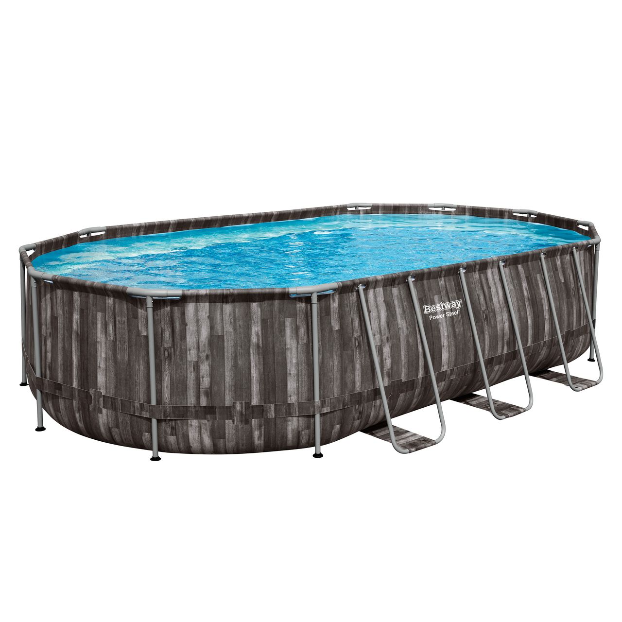 Bestway Power Steel™ Frame Pool Komplett-Set mit Filterpumpe, Holz-Optik (Mooreiche), oval 610 x 366 x 122 cm