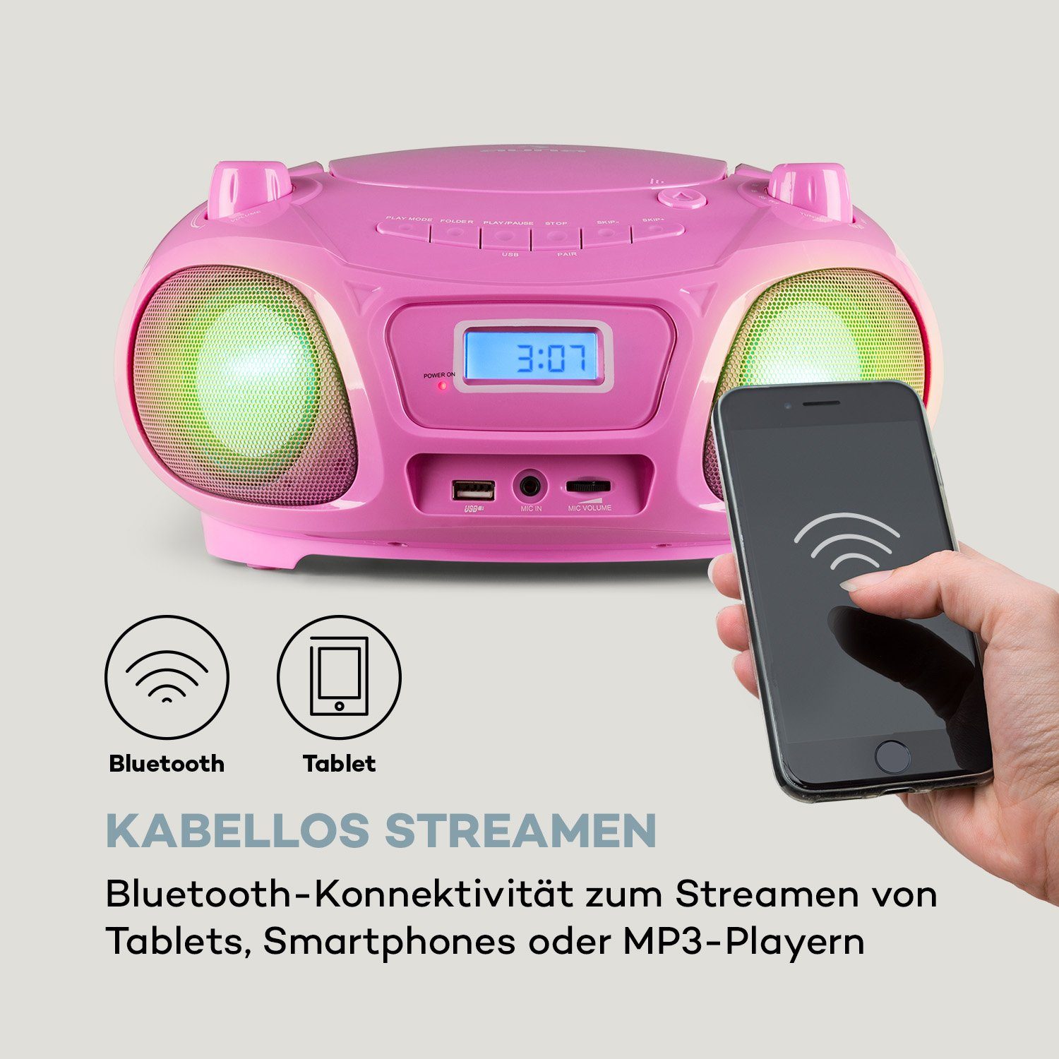 Auna Roadie Sing CD Boombox Stereoanlage (FM-Radio, Kinder CD Player tragbar Musikbox Bluetooth CD Spieler Radio Soundbox)
