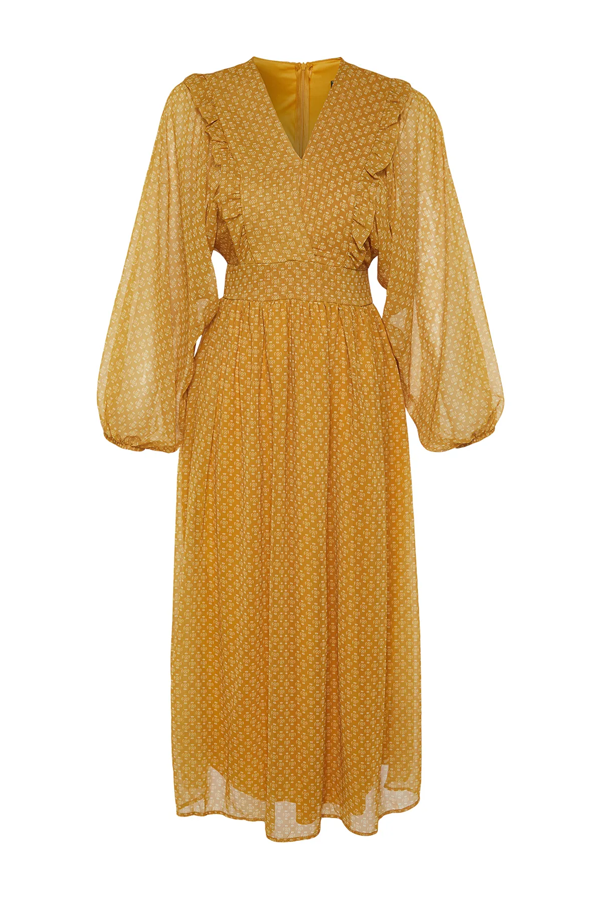Trendyol Modest  Senfgelbes, minimal gemustertes, mit Chiffon gefüttertes Webkleid TCTSS24EB00035