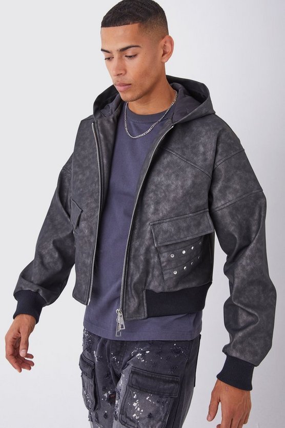 Kastige PU-Bomberjacke mit Kapuze