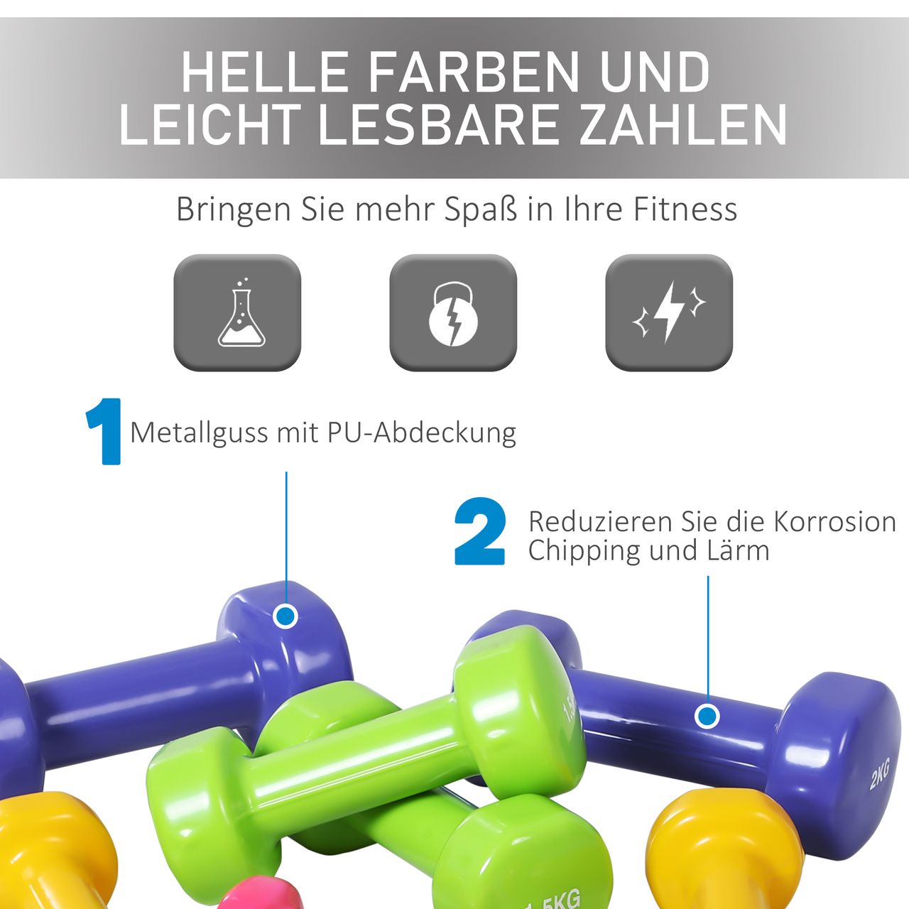 HOMCOM Hantelset Kurzhantel Set mit Koffer Tragbar 4 Hantelpaare 0,5 kg/1 kg/1,5 kg/2 kg für Zuhause und Fitnessstudio Eisen Kunststoff 41 x 30 x 8 cm