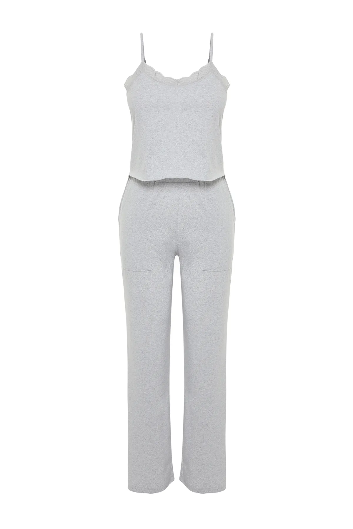 Trendyol Collection  Grau meliertes Pyjama-Set aus Baumwolle mit Taschen und Schlitzen, Seilriemen und Strickmuster THMSS24PT00005