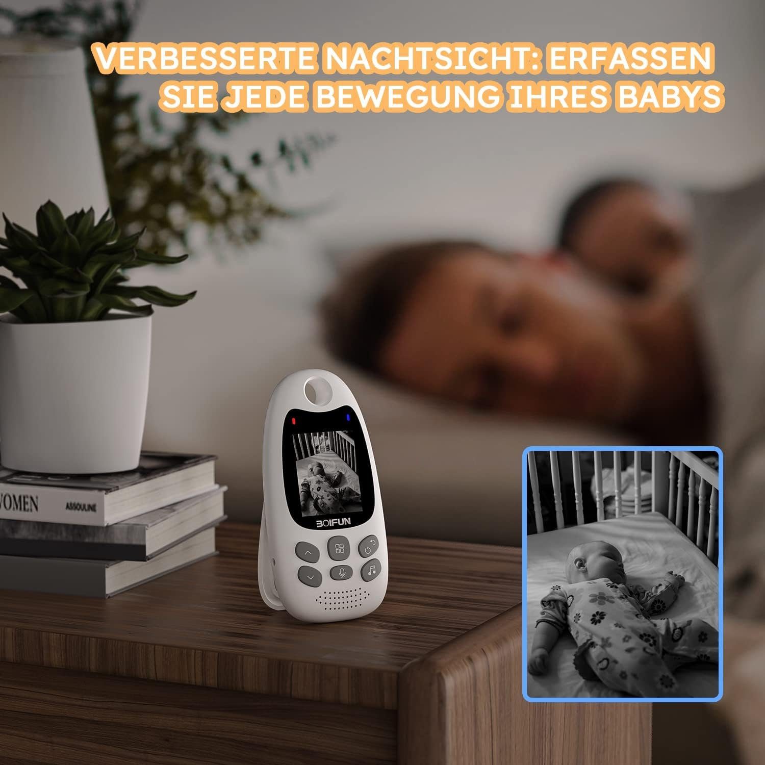 Boifun Babyphone Babyphone mit Kamera Tragbares Vox-Funktion Temperatursensor Monitor, Fütterungserinnerung,Temperaturerkennung,wiederaufladbaren,Tragbares, Intelligentes 2,4 Ghz Zwei-Wege-Gespräch 300M Signalreichweite, Nachtsicht,2.0
