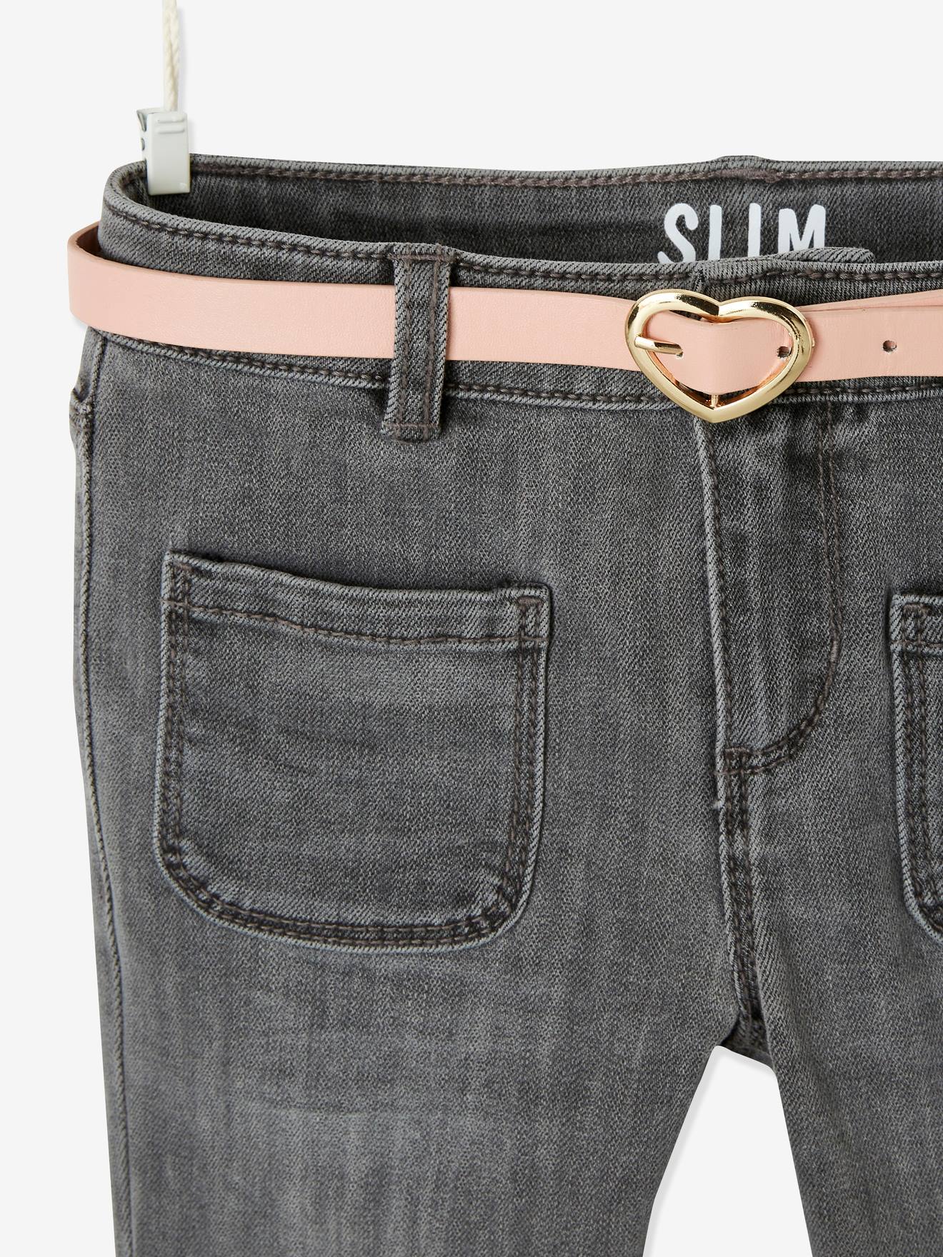 Vertbaudet Die UNVERWÜSTLICHE, robuste Mädchen Jeans, Slim-Fit mit Gürtel - grau