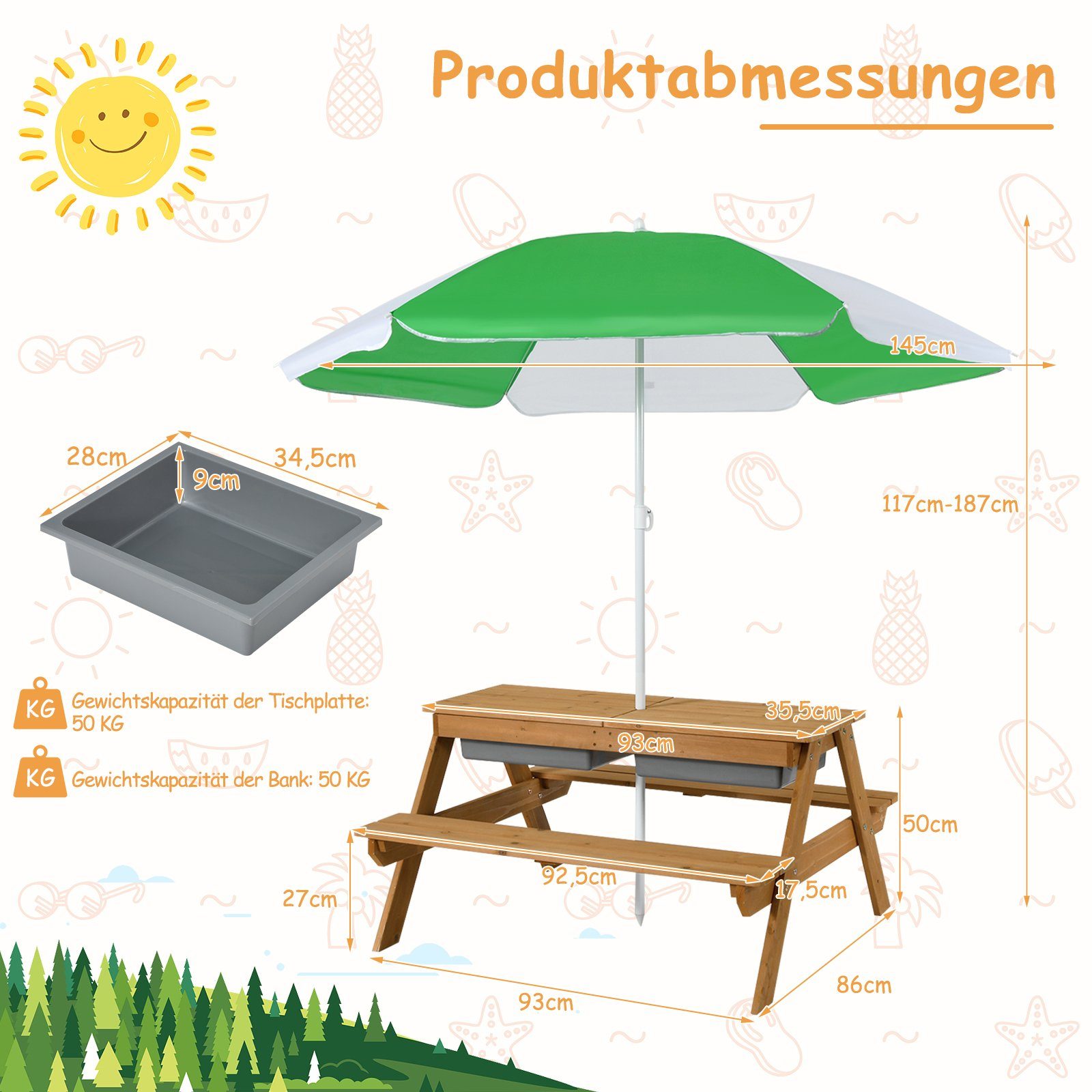 COSTWAY Garten-Kindersitzgruppe, aus Holz, mit Sonnenschirm & Bänke