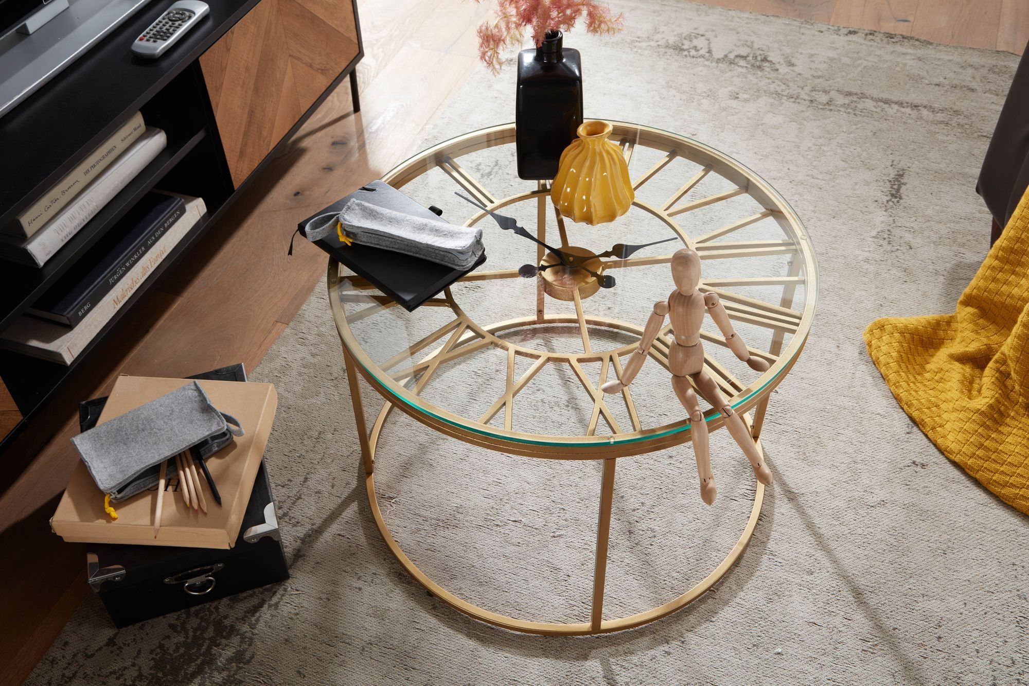 FINEBUY Couchtisch FB41455 (60x60x43 cm Gold, Sofatisch Metall mit Deko-Uhr), Wohnzimmertisch Rund, Beistelltisch Wohnzimmer