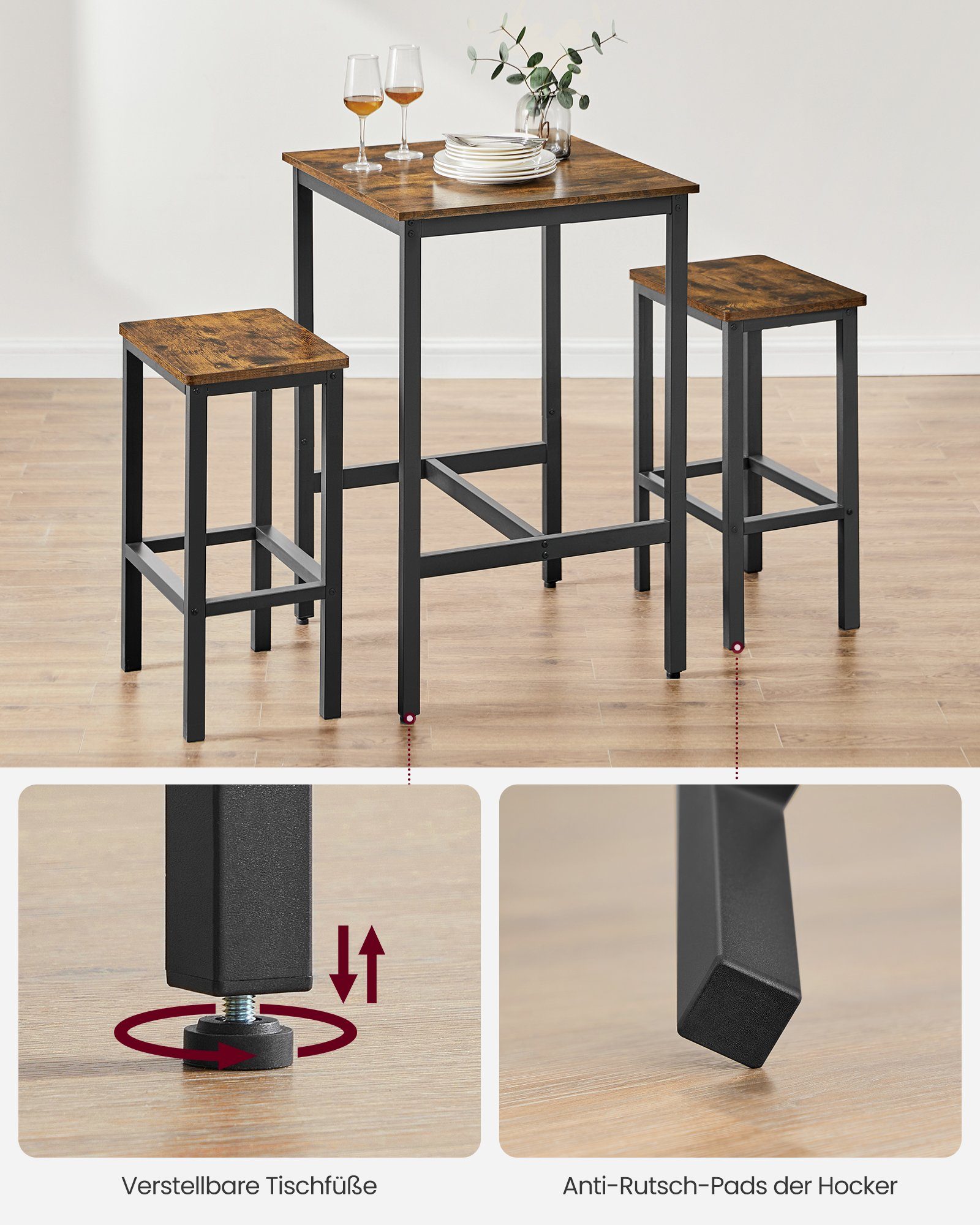 VASAGLE Bartisch Bartisch-Set, Esstisch(60 x 60 x 90 cm) mit 2 Barhochern