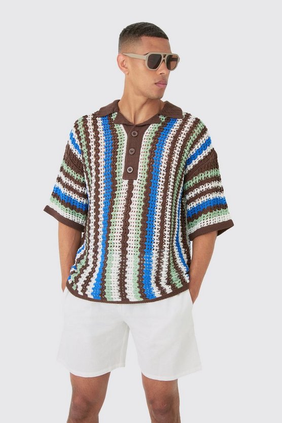 Oversize Strick-Poloshirt mit Streifen