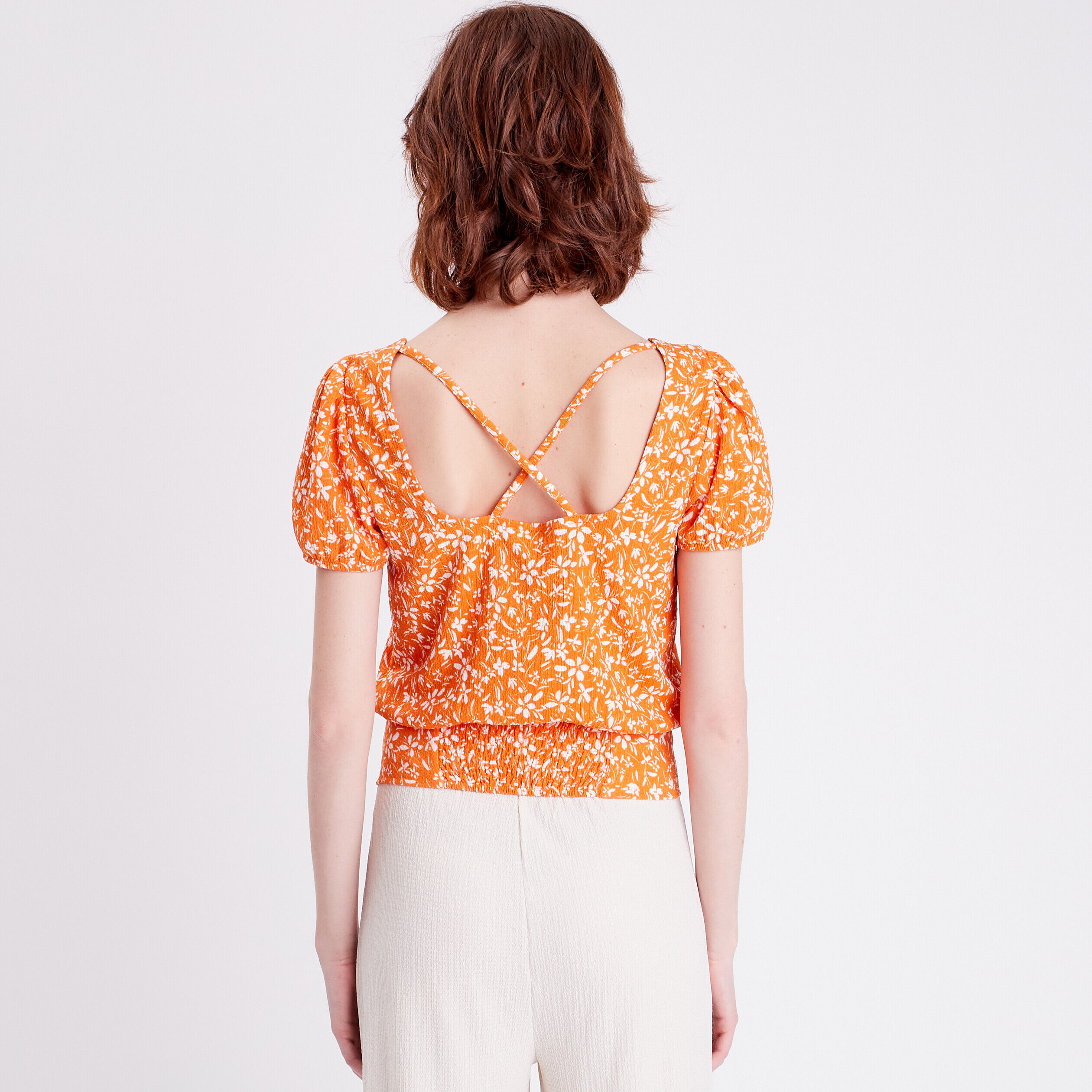 T-shirt cintré bandes croisées orange femme | Cache Cache