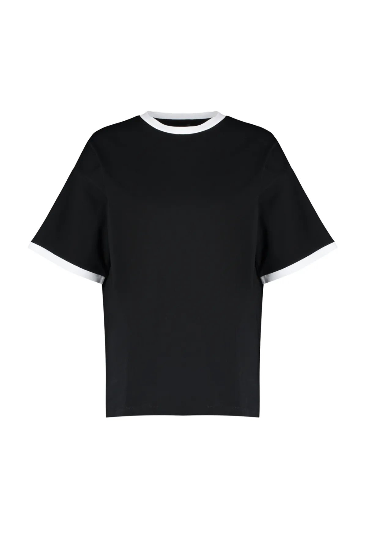 Trendyol Collection  Schwarzes Strick-T-Shirt mit Kontrastkragen und Streifen aus 100 % Baumwolle, übergroßer/entspannter Schnitt, TWOSS24TS00052