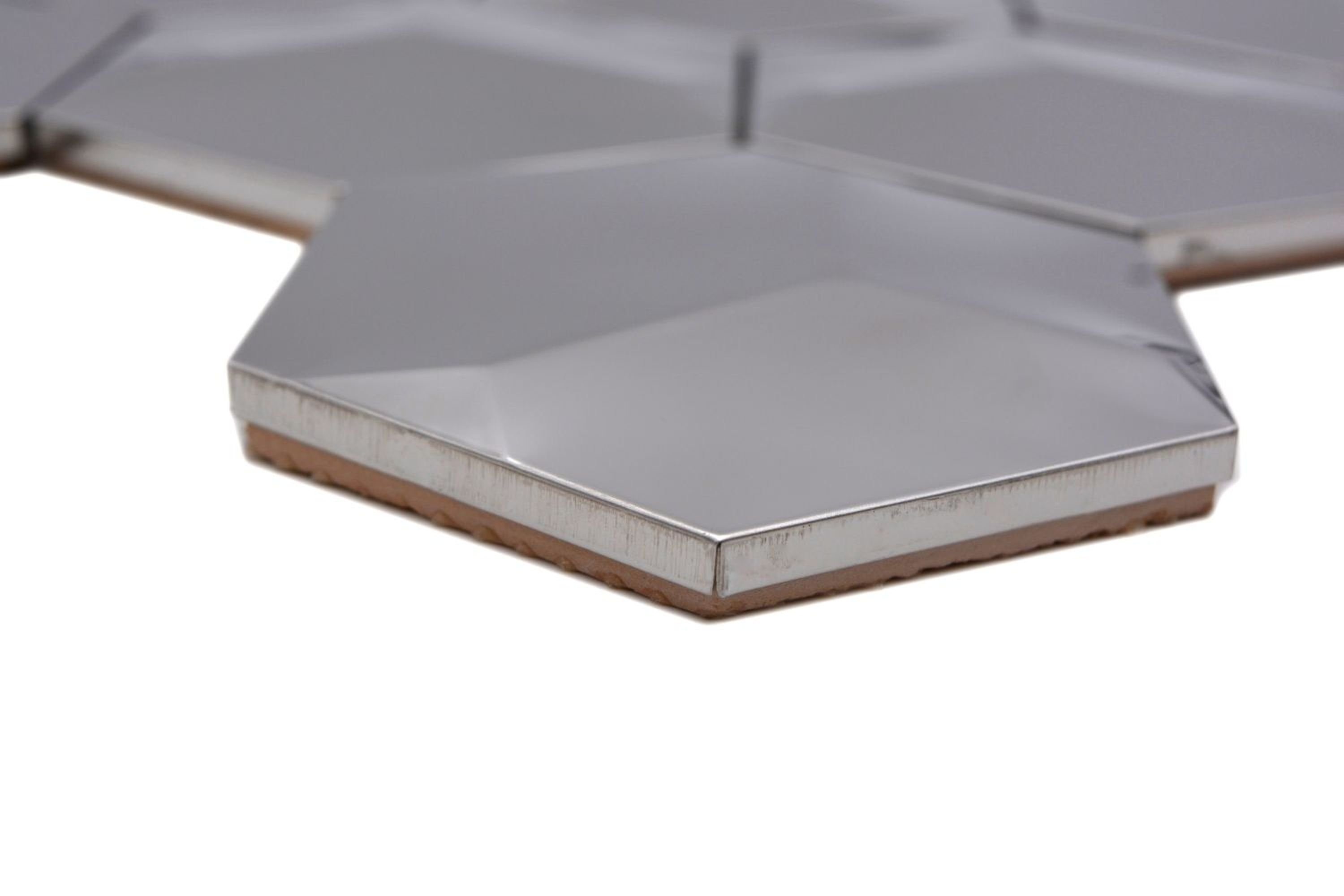 Mosani Mosaikfliesen Edelstahl Mosaik Fliese silber Hexagon 3D glänzend Küchenwand