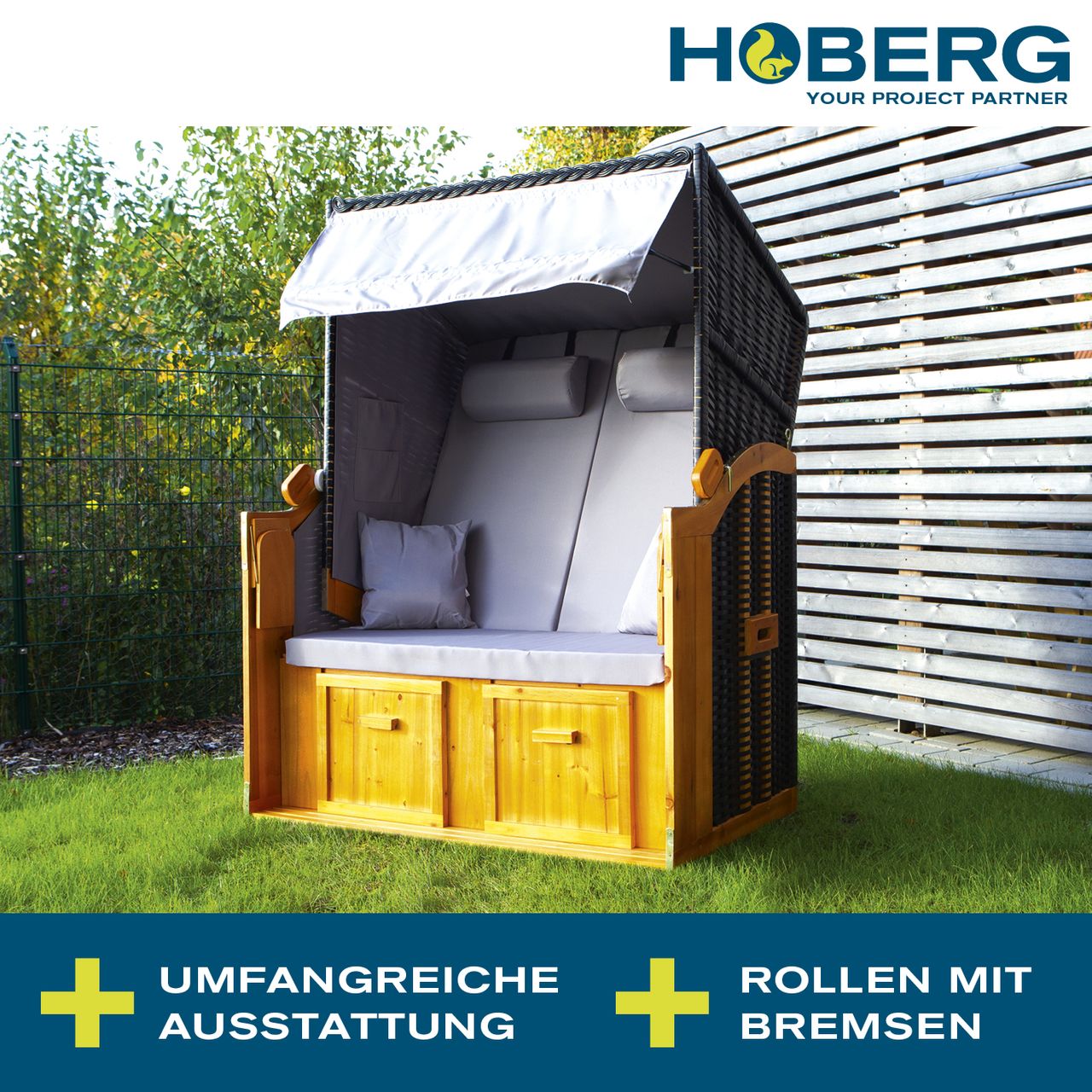 Hoberg Strandkorb 2-Sitzer, 120 x 80 x 160cm, Grau / Braun