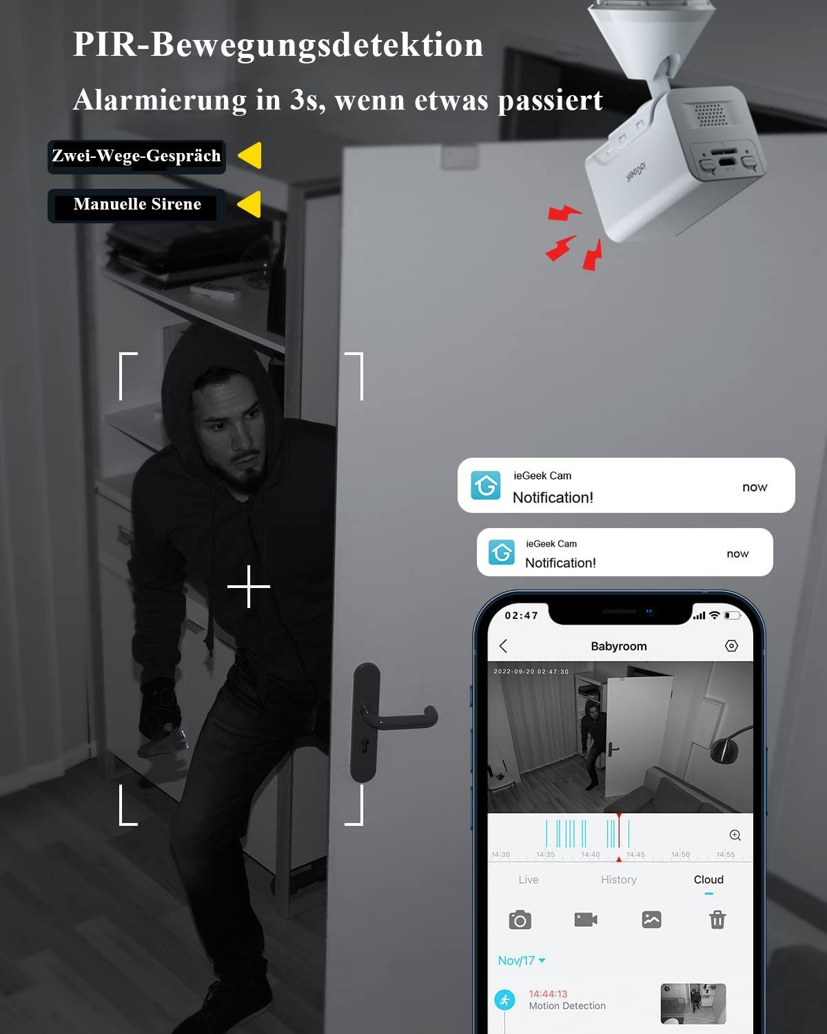 ieGeek Babyphone Babyphone Akku Innenkamera WLAN Überwachungskameras HD für Baby/Tier, Alarmfrist,Alarm ausgelöst,Warnmeldung,Bild teilen,Full HD,1080P,Mehrfachansicht,Geschichte, Humanoid-Erkennung,Alarmbenachrichtigung,Alexa,Überwachungsbereich, PI