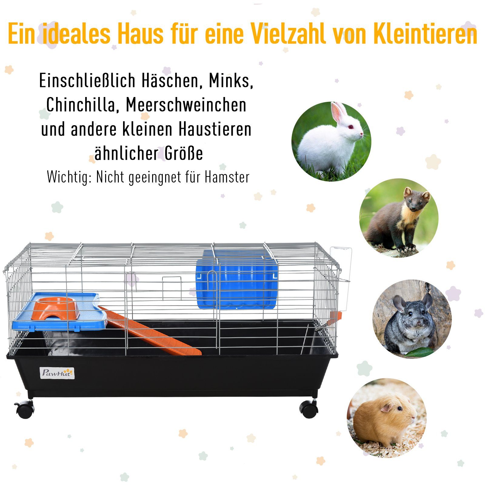 PawHut Kleintierkäfig Rollbarer Nagerkäfig mit Zubehör