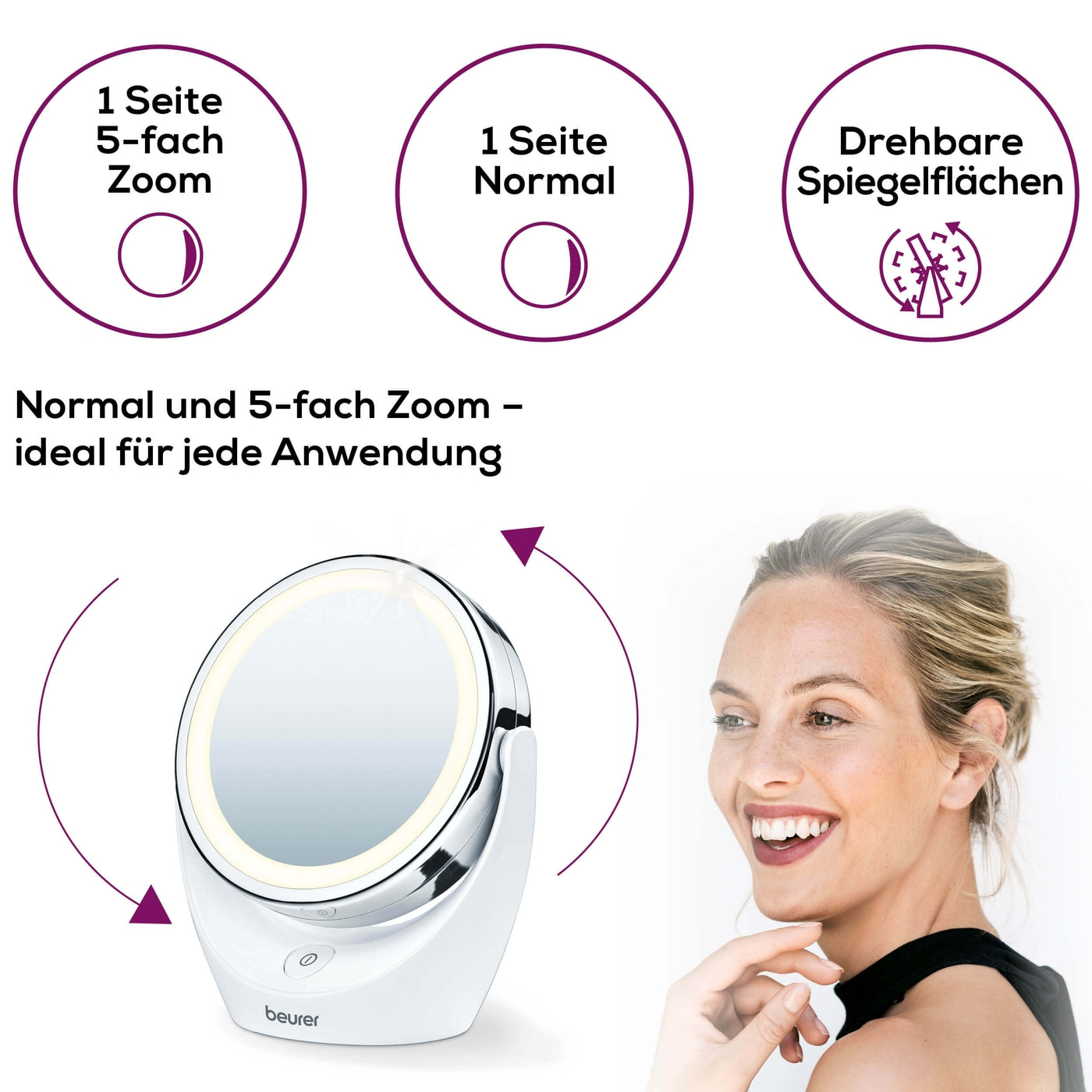 Beleuchteter Kosmetikspiegel BS 49-Kompakter beleuchteter Standspiegel mit 5-fach Zoom