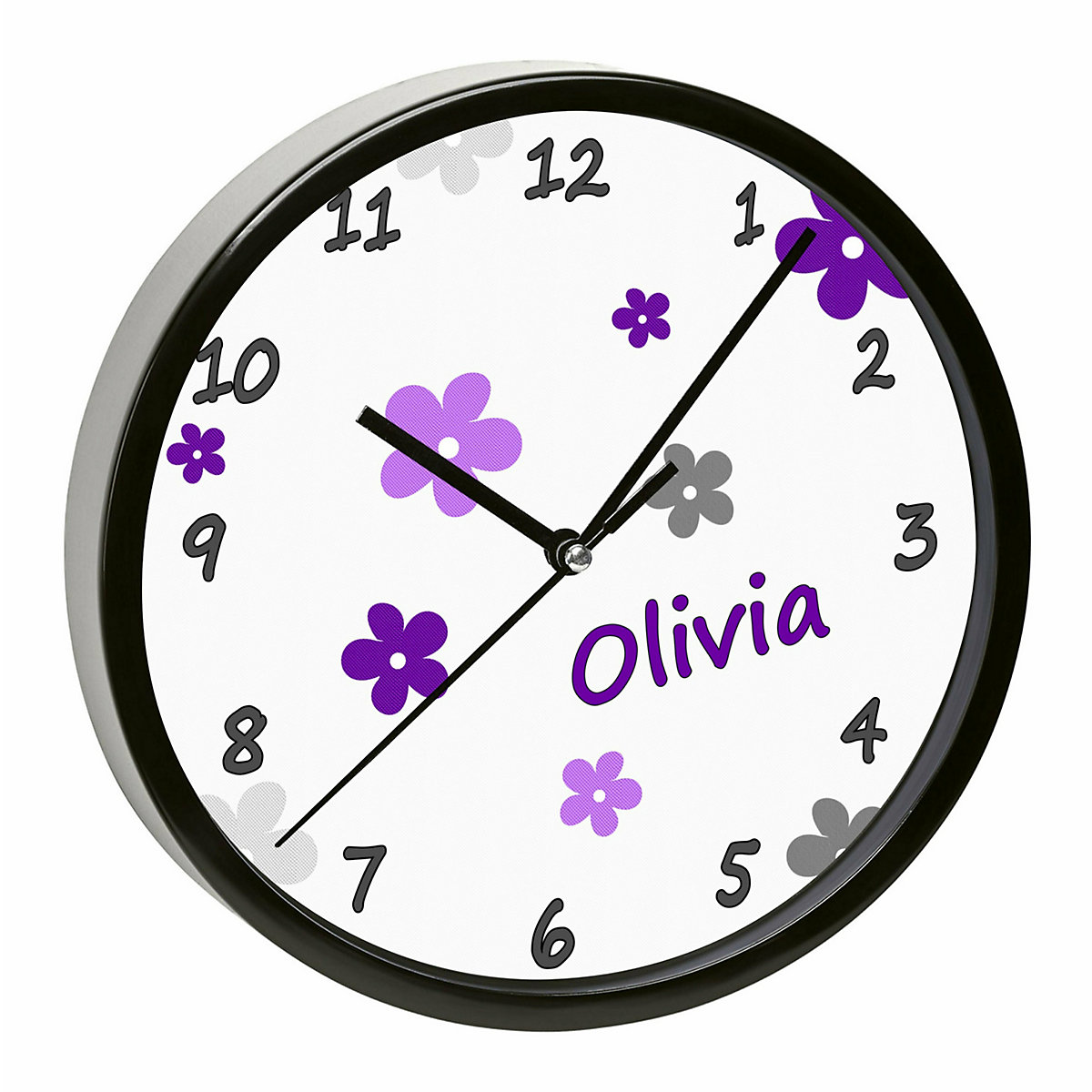 Kinder Wanduhr personalisiert mit Name Blumen Lila-Grau