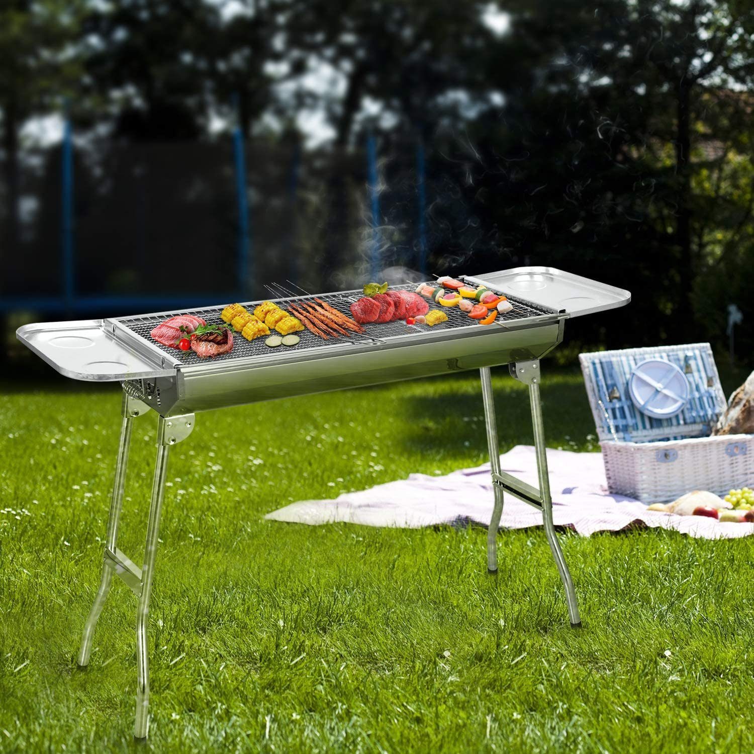 SunJas Holzkohlegrill CA-12, Tragbar, Klappgrill, mit 2 Stück Grillrost Standgrill,Edelstahl Klappgrill,BBQ Standgrill Tragbar Camping Grill