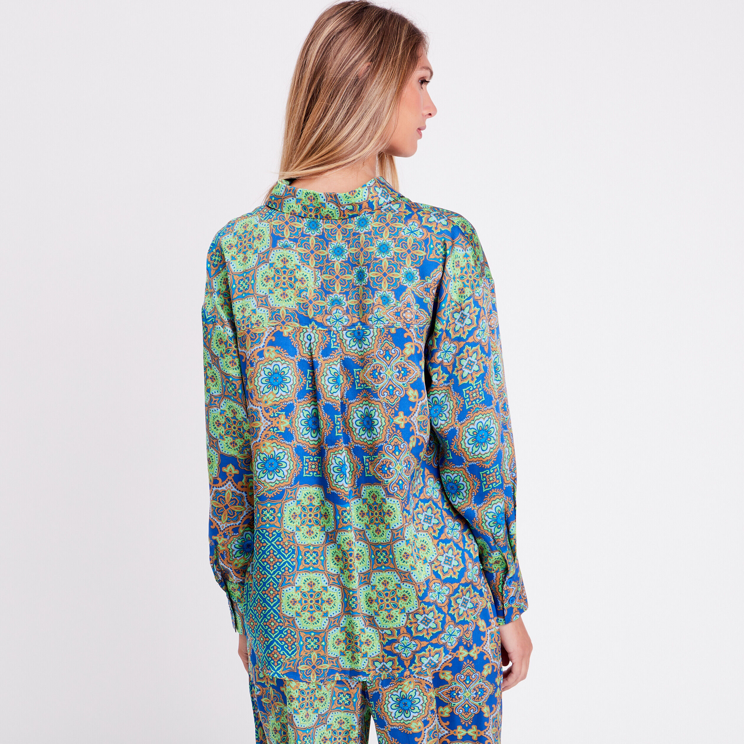 Chemise manches longues satin bleu roi femme | Cache Cache