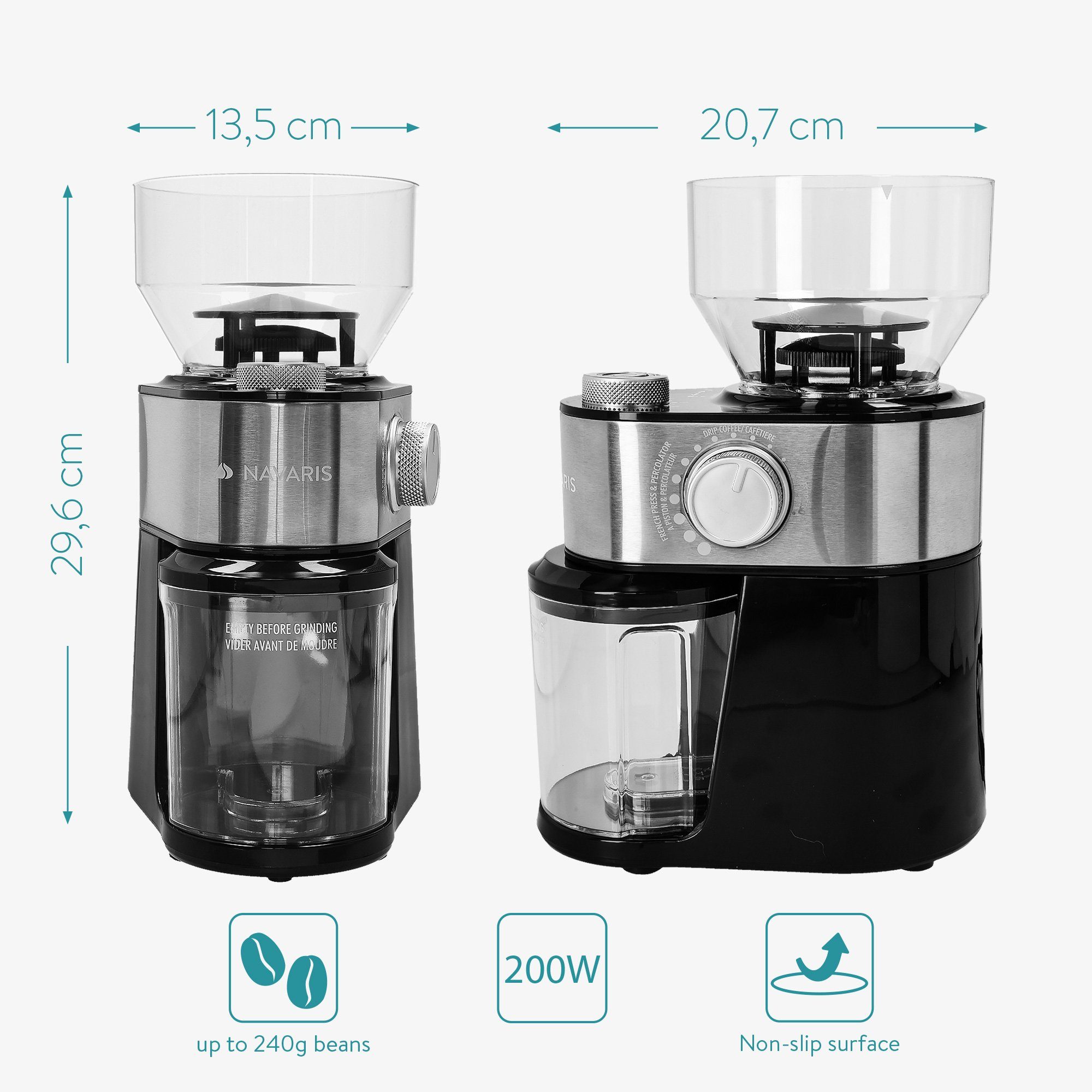 Navaris Kaffeemühle elektrische Kaffeemühle mit Edelstahl Scheibenmahlwerk