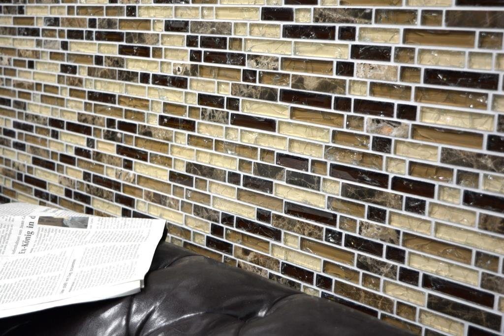 Mosani Mosaikfliesen Glasmosaik Naturstein Mosaik dunkelbeige glänzend / 10 Matten