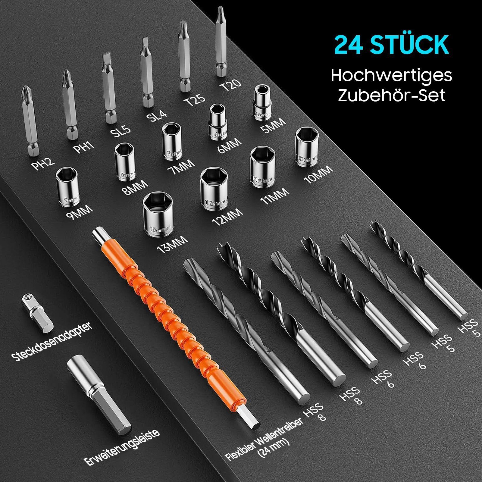 Aoucheni Akku-Bohrschrauber Akku-Schraubendreher Set, 21V Akku-Bohrschrauber mit 2 Akkus, max. 1350,00 U/min, Led Light, mit Akku Ladegerät und Werkzeugkoffer