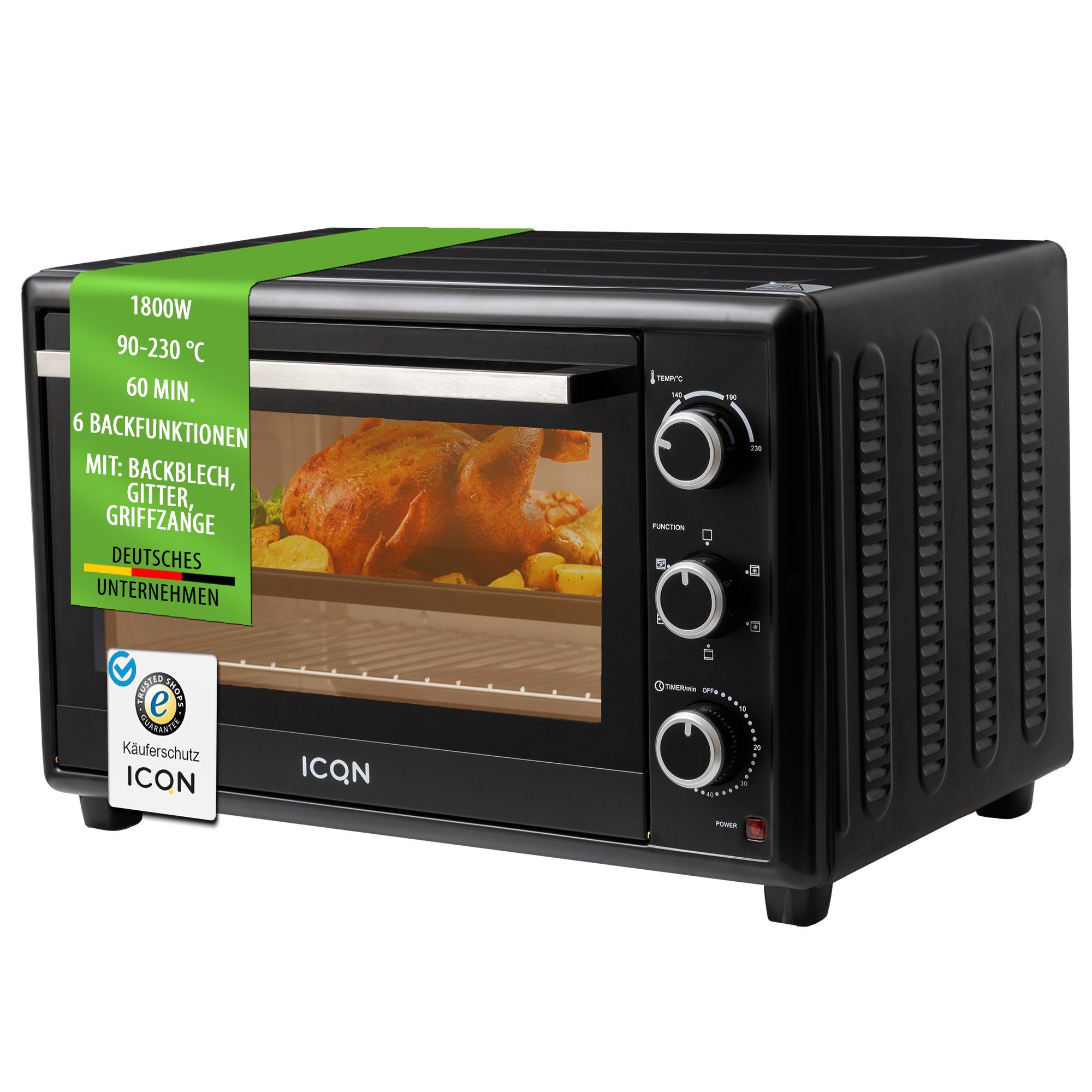 ICQN Minibackofen 50L mit Umluft, 1800 W, Drehspieß, Innenbeleuchtung, Pizzaofen, 60 Min Timer, inkl. Backblech Set, Mini-Ofen