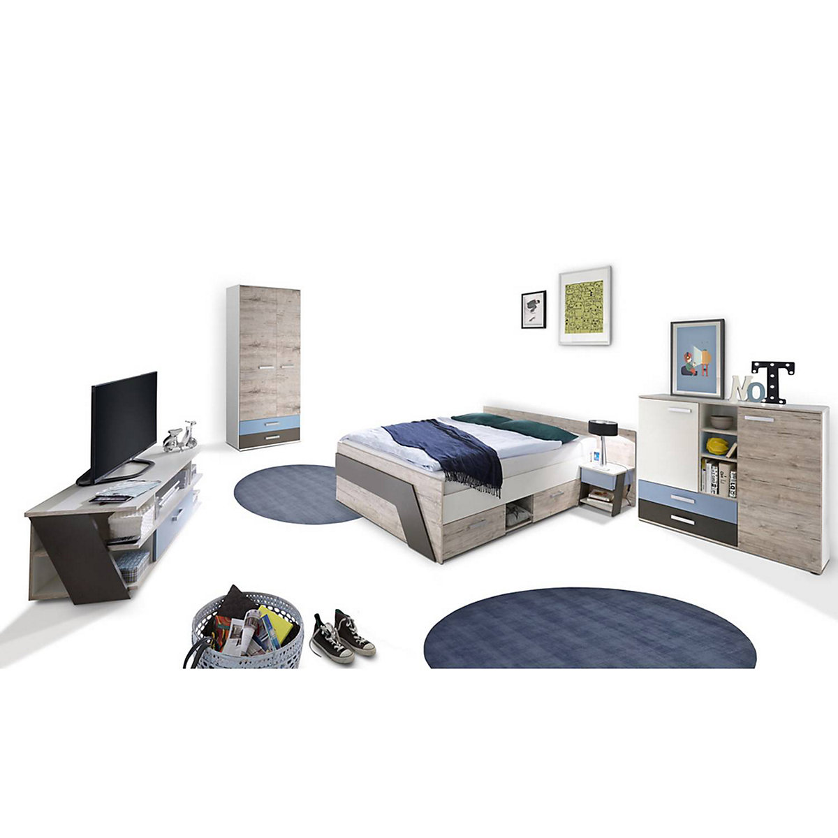 Jugendzimmer Set mit Bett 140x200 cm mit 60cm Kleiderschrank LEEDS-10 in Sandeiche Nb. mit weiß, Lava und Denim Blau