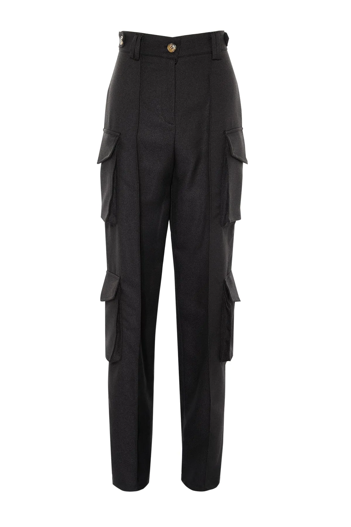 Trendyol Collection  Schwarze gewebte Cargohose mit hoher Taille und Taschen TWOAW23PL00373