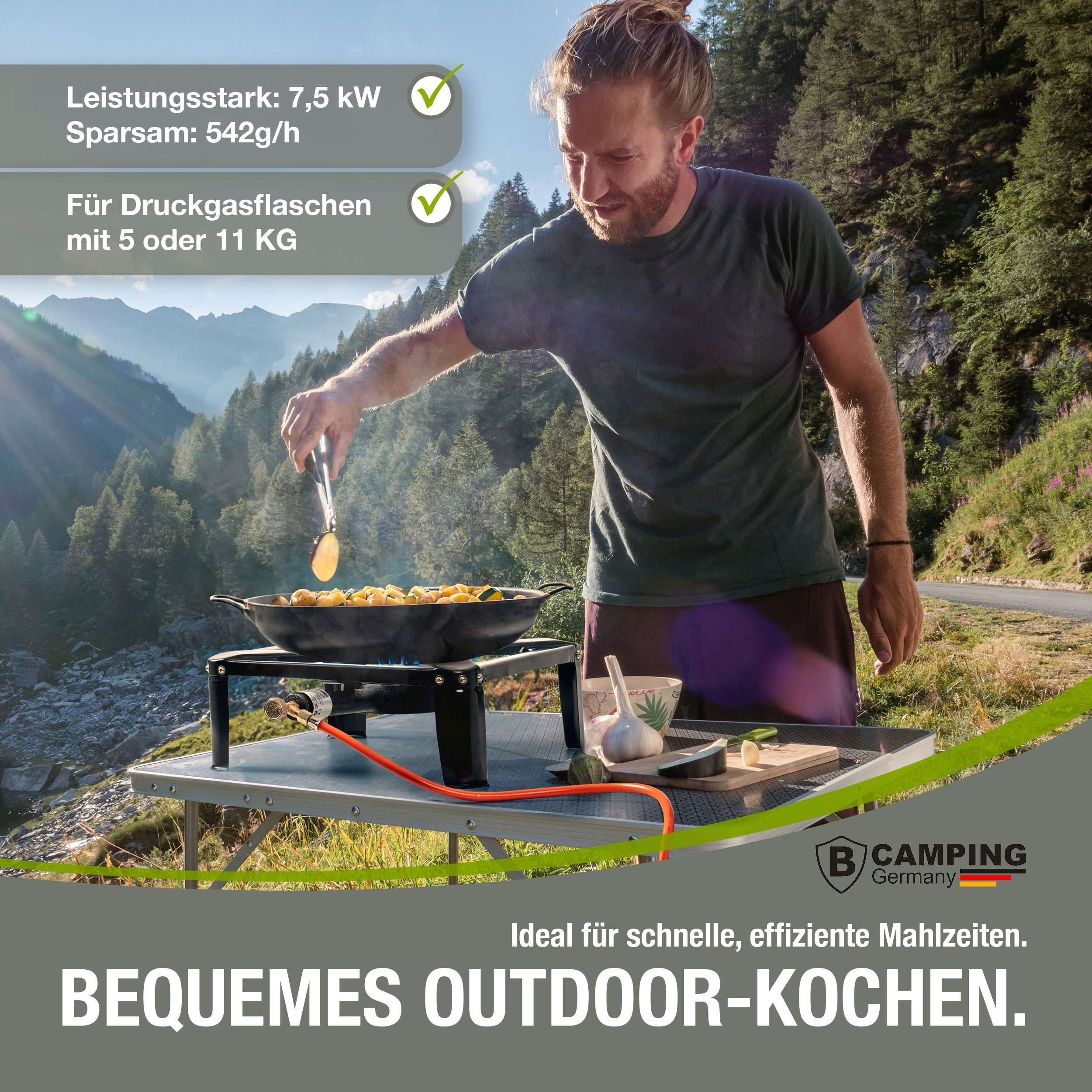 bahama Gaskocher B CAMPING GERMANY® Gaskocher inkl. Gasschlauch mit Druckminder, 50 mbar - robuster Campingkocher leistungsstark 7,5 KW - Hockerkocher