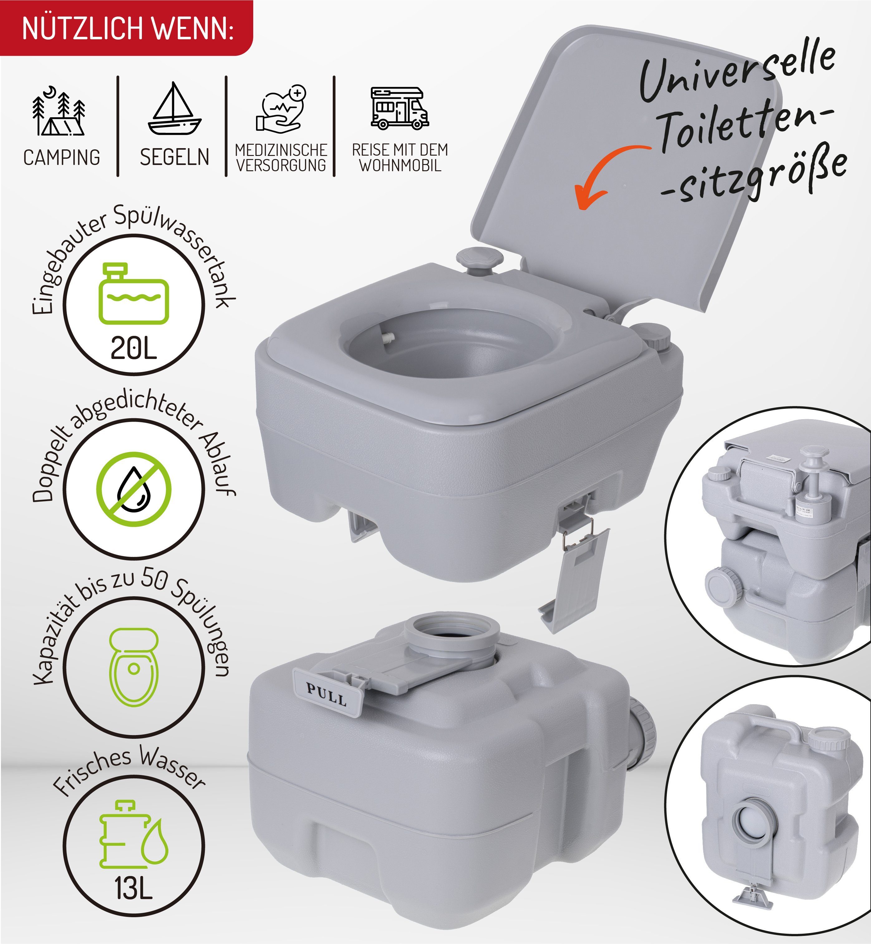 JUNG Campingtoilette CAMRY CR1035 Campingtoilette ohne Chemie 13L Spülwassertank bis 115kg, (ideal auch für die Versorgung Bewegungseinschränkter Personen, Mobiles WC, Toilet für Camping, Festivals, Notfälle, Tragbare Toilette), 20L Behälter mit Stop