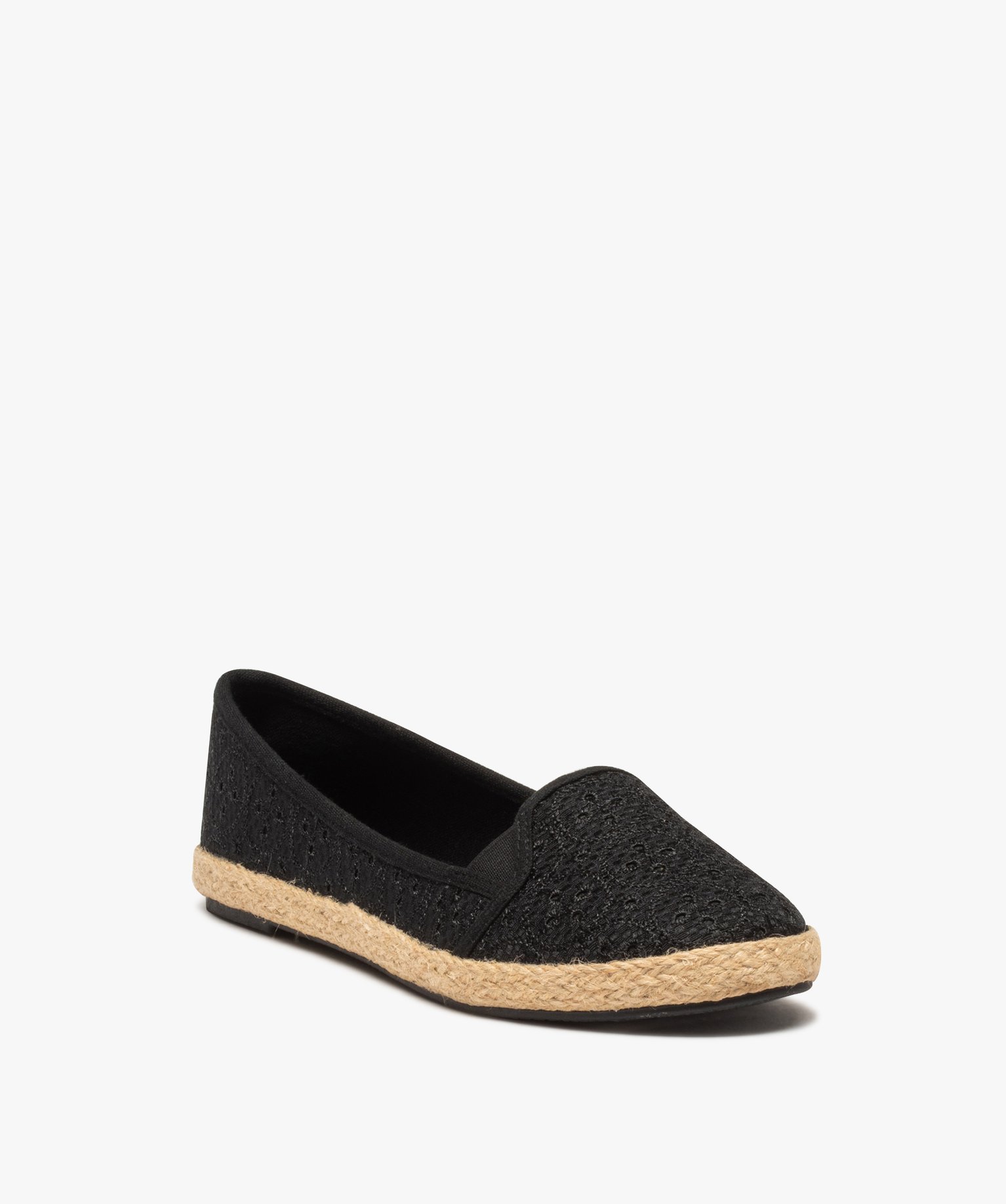 Ballerines femme en toile brodée avec semelle en corde noir | GEMO