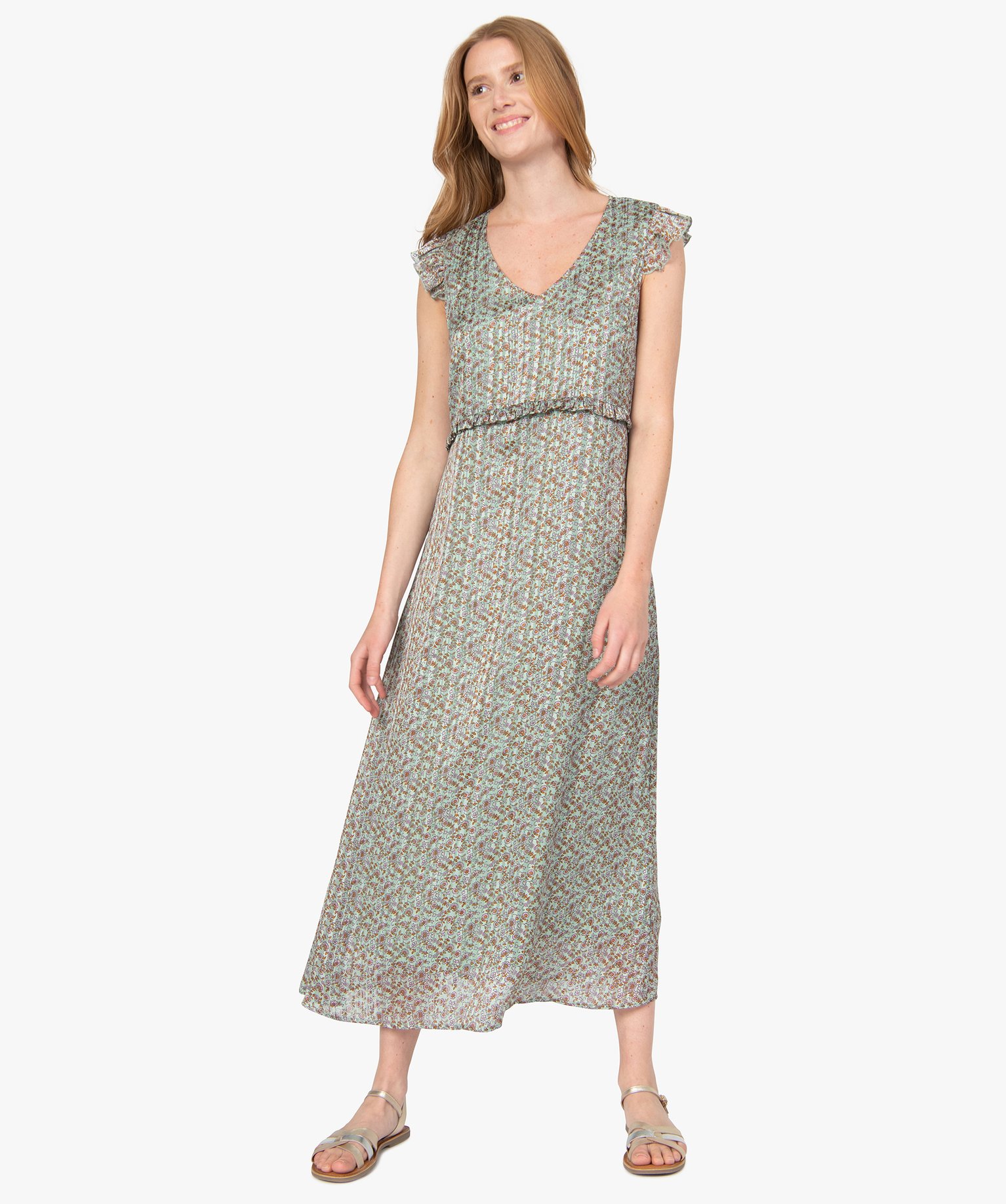 Robe femme à motifs fleuris et rayures pailletées | GEMO