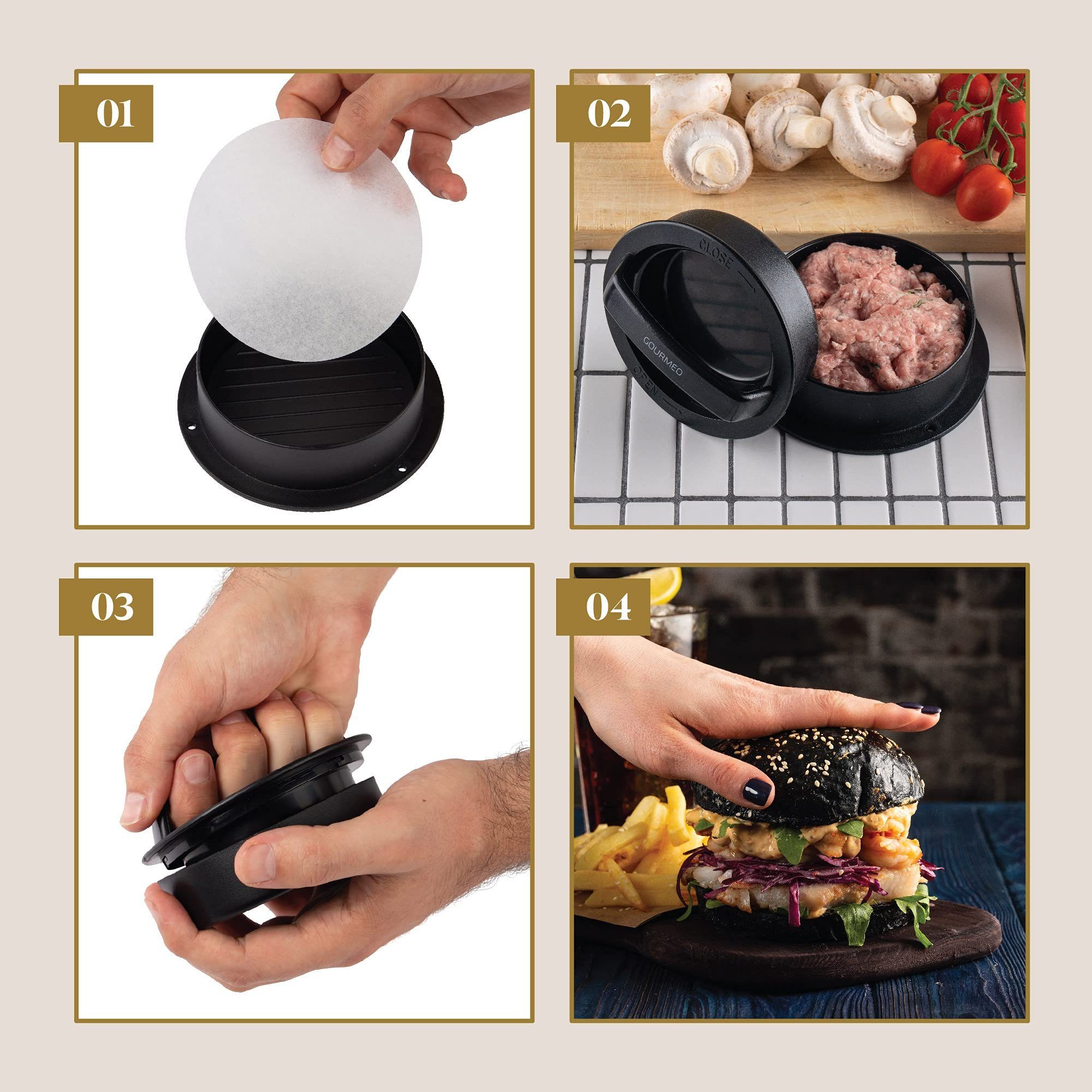 GOURMEO Burgerpresse 3-in-1 Burgerpresse mit Antihaftpapier für runde Patties, Kunststoff, 3-in-1 Burgerpresse mit Antihaftbeschichtung