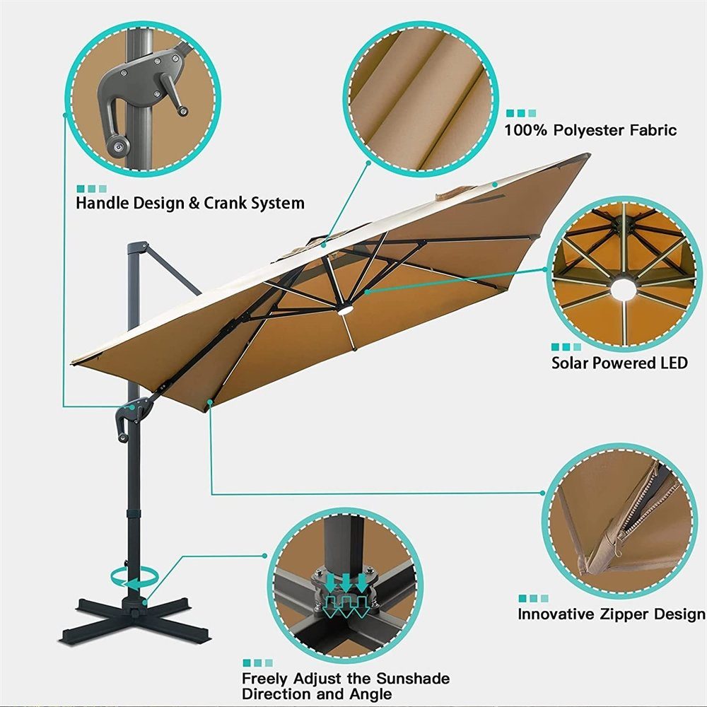 Melko Sonnenschirm Sonnenschirm Kurbelschirm 300 x 300 cm Ampelschirm LED Gartenschirm, neigbar, drehbar, platzspraned verstaubar